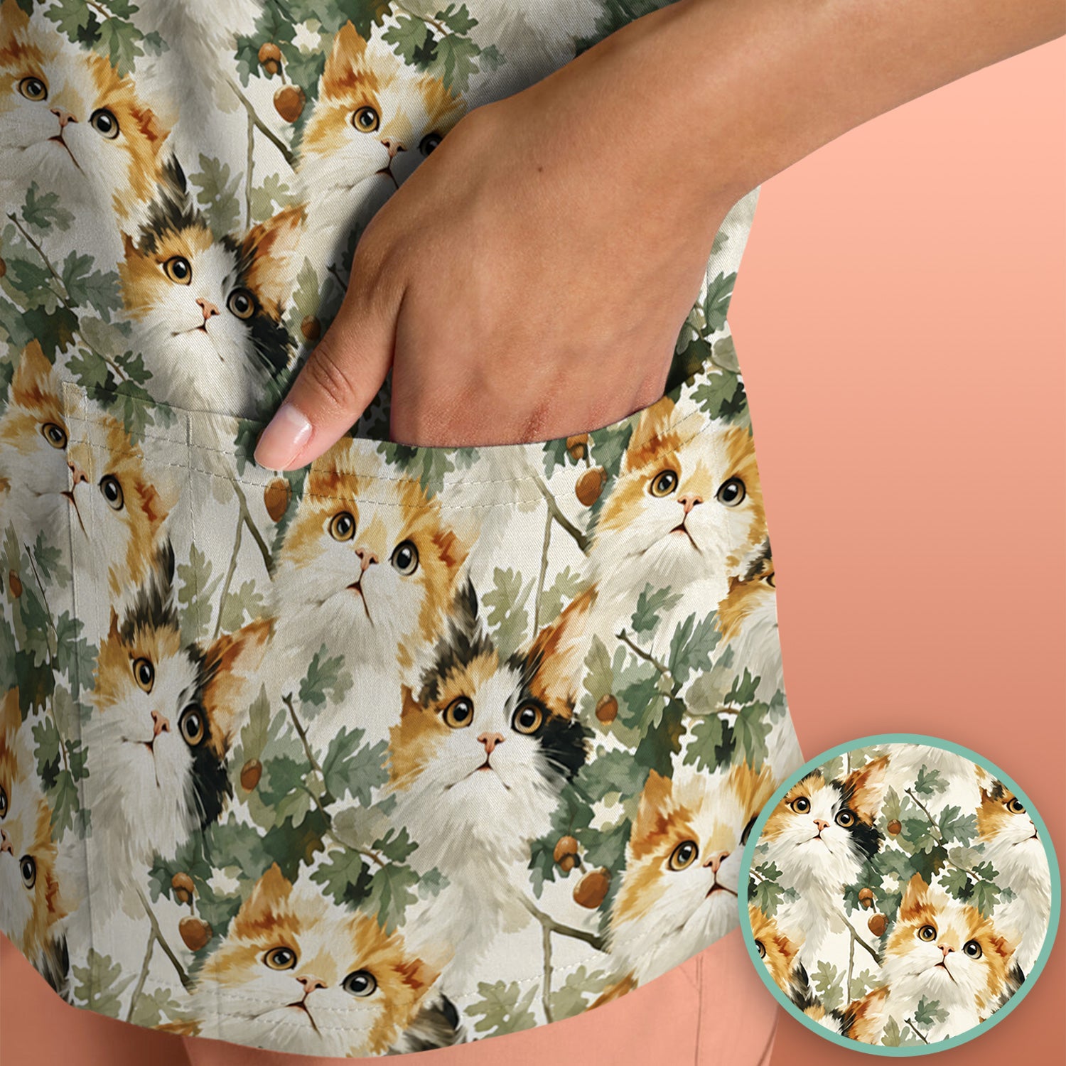 Fluffy Calico Cat Oak Leaves Pattern Scrub Top, Comfortable Scrubs for Nurses