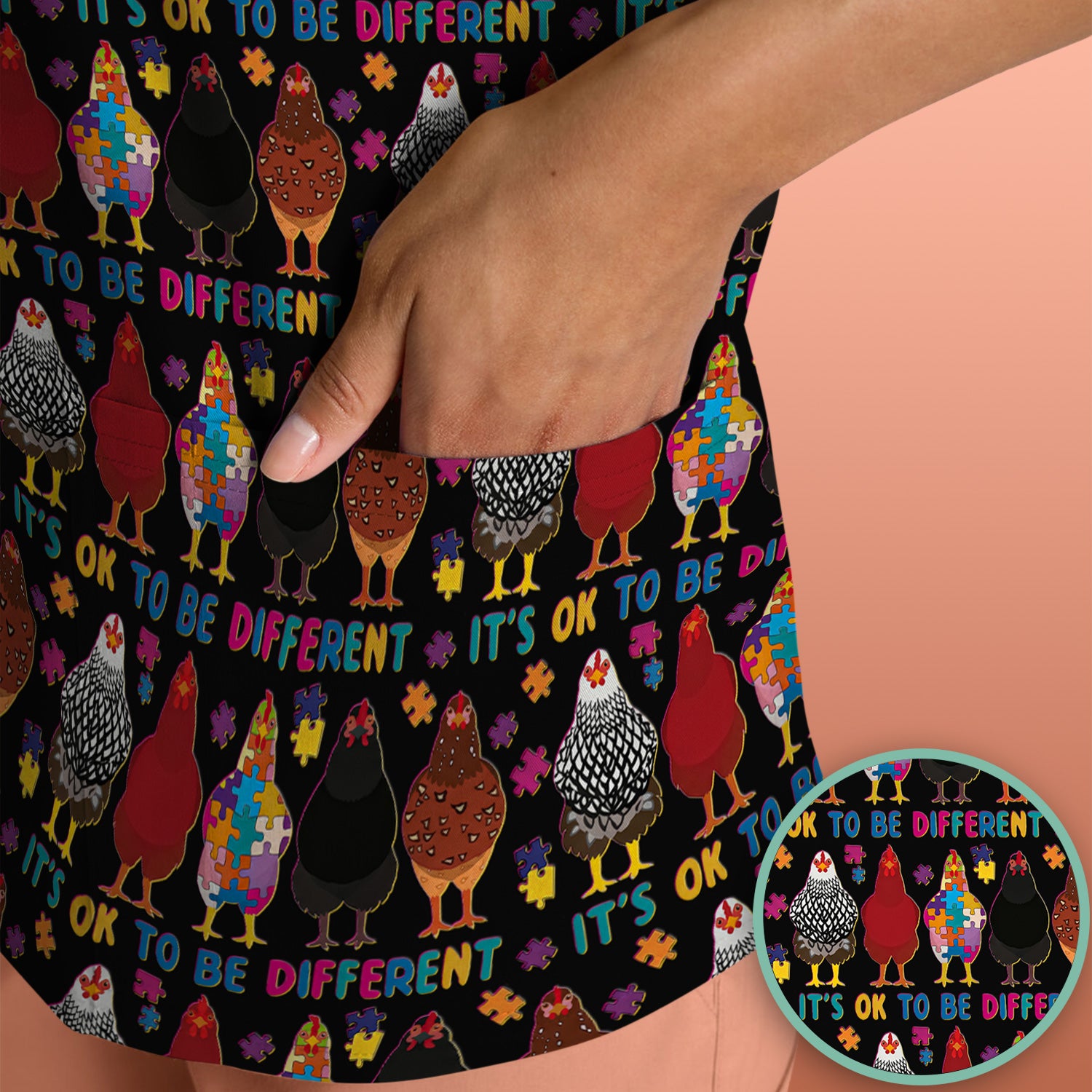 Autism Chicken It’s OK to Be Different Print Scrub Top, Comfortable Scrubs for Nurses