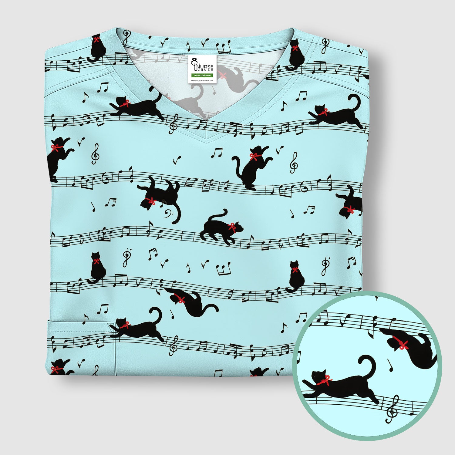 Cute Dancing Black Cat Music Staff Pattern Scrub Top, Comfortable Scrubs for Nurses