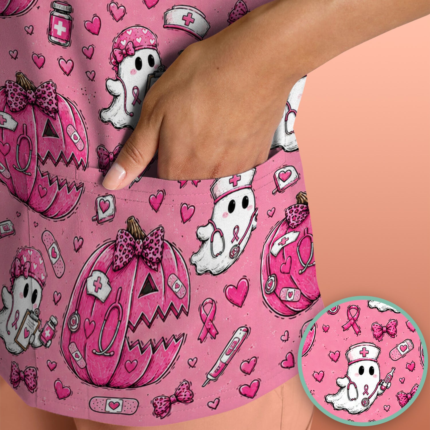 Pink Ribbon Ghost Pattern Scrub Top, Comfortable Scrubs for Nurses