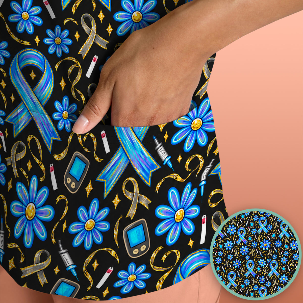 Diabetes Awareness Ribbon Pattern Scrub Top, Comfortable Scrubs for Nurses