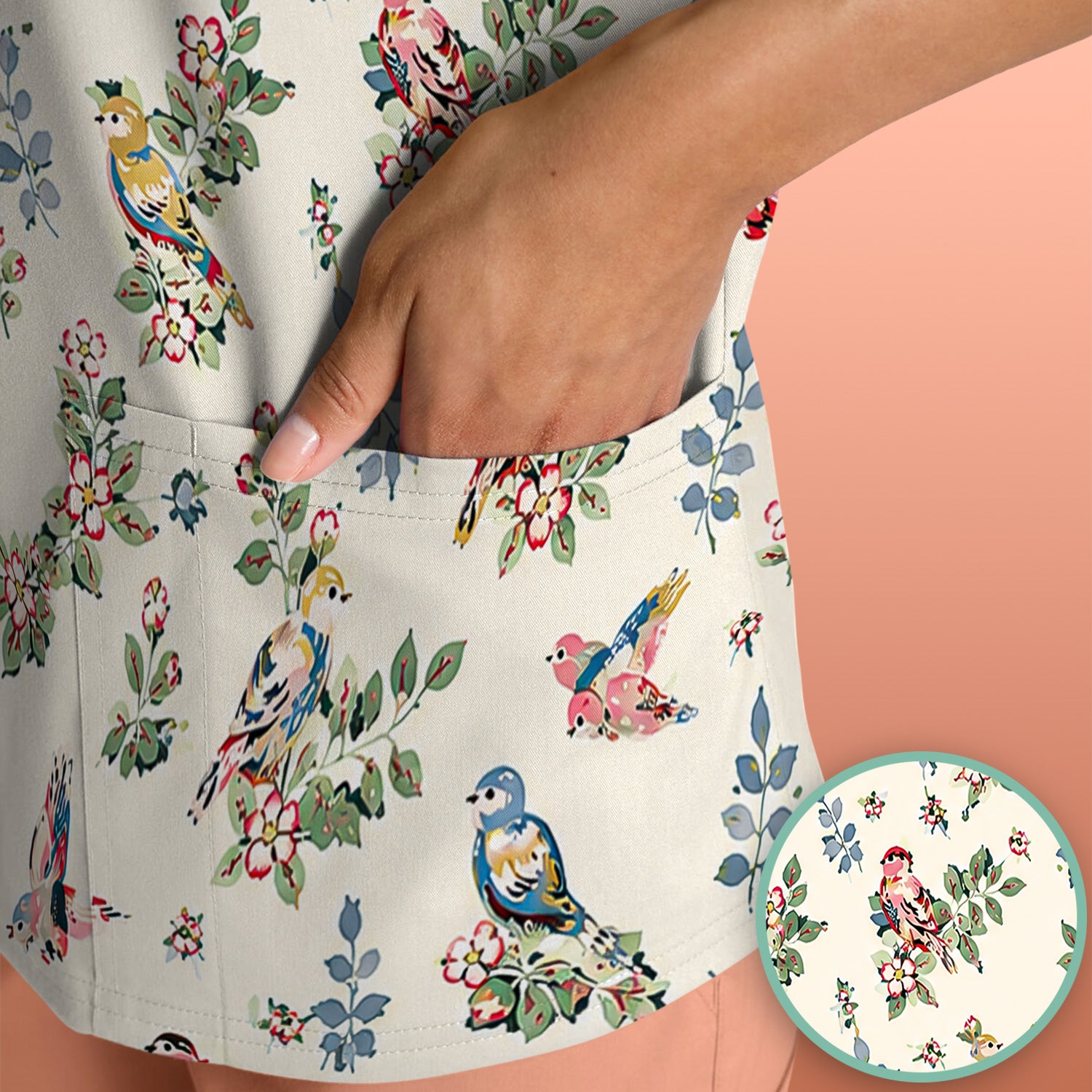 Cute Vintage Birds Blossom Pattern Scrub Top, Comfortable Scrubs for Nurses