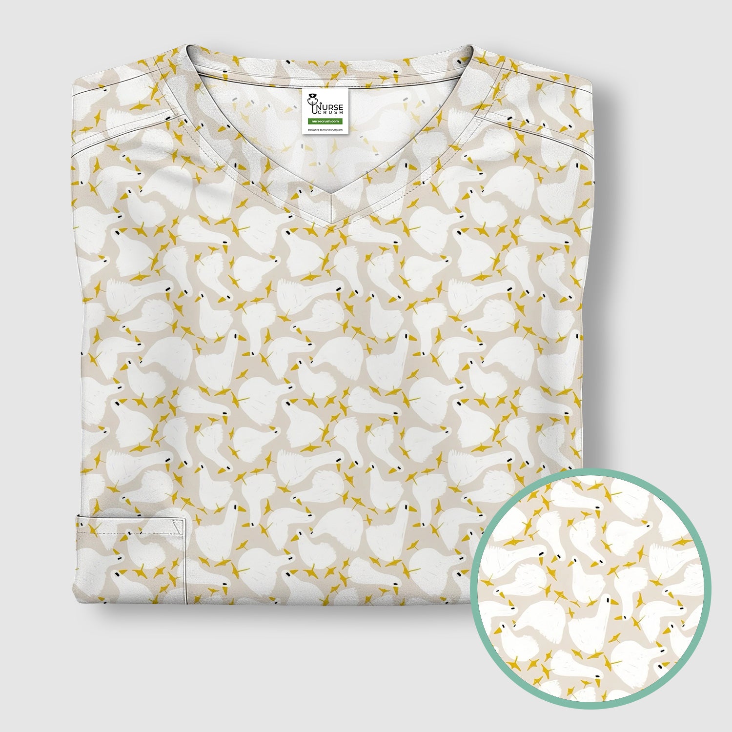 Cute White Goose Yellow Star Pattern Scrub Top, Breathable Fabrics Nursing Uniform
