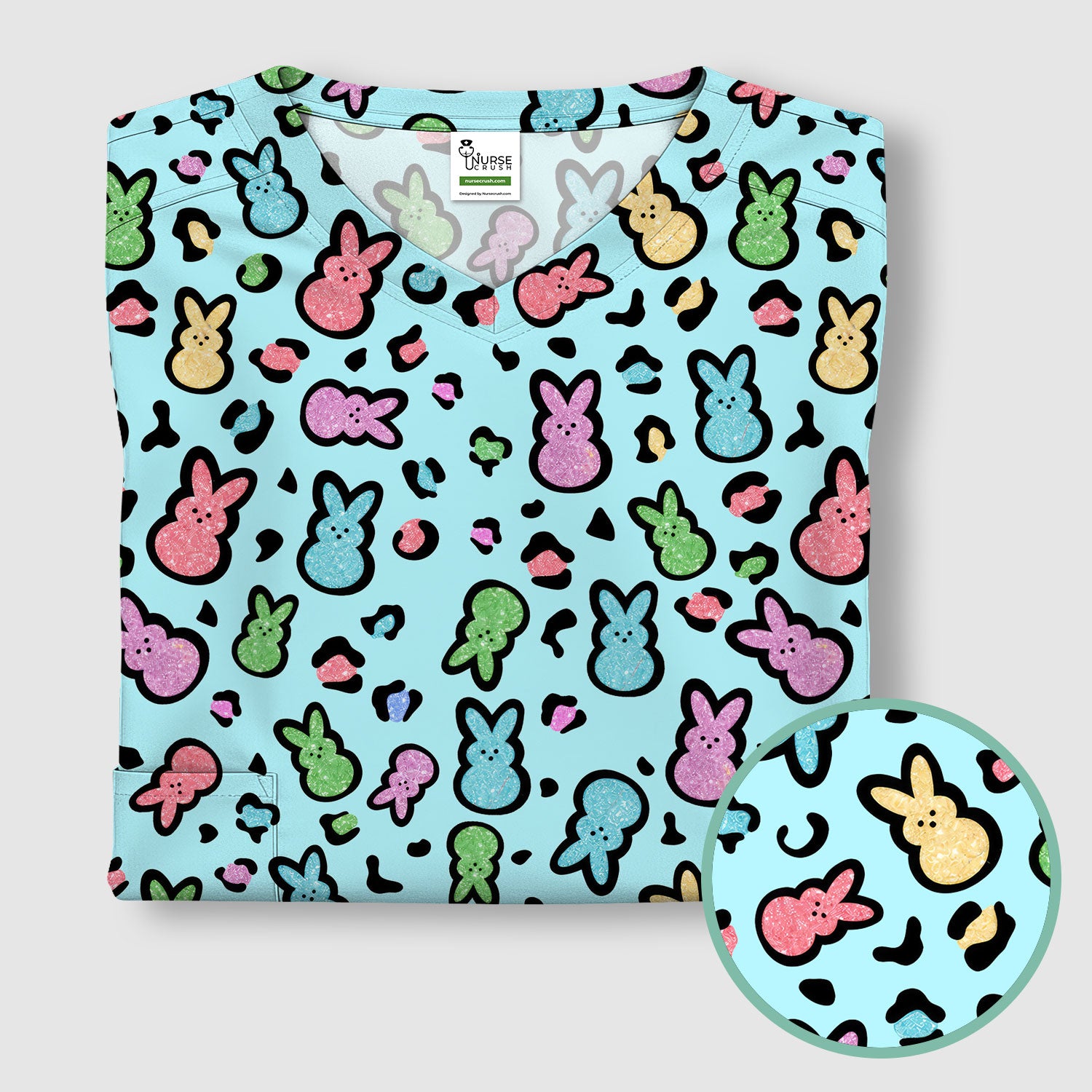 Cute Easter Bunny Pastel Pattern Scrub Top, Comfortable Scrubs for Nurses