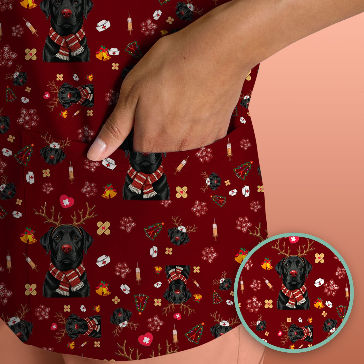 Funny Black Lab Reindeer Scrub Top - Christmas Dog Nurse Shirt - Cute Holiday Medical Uniform Gift for RN LPN CNA