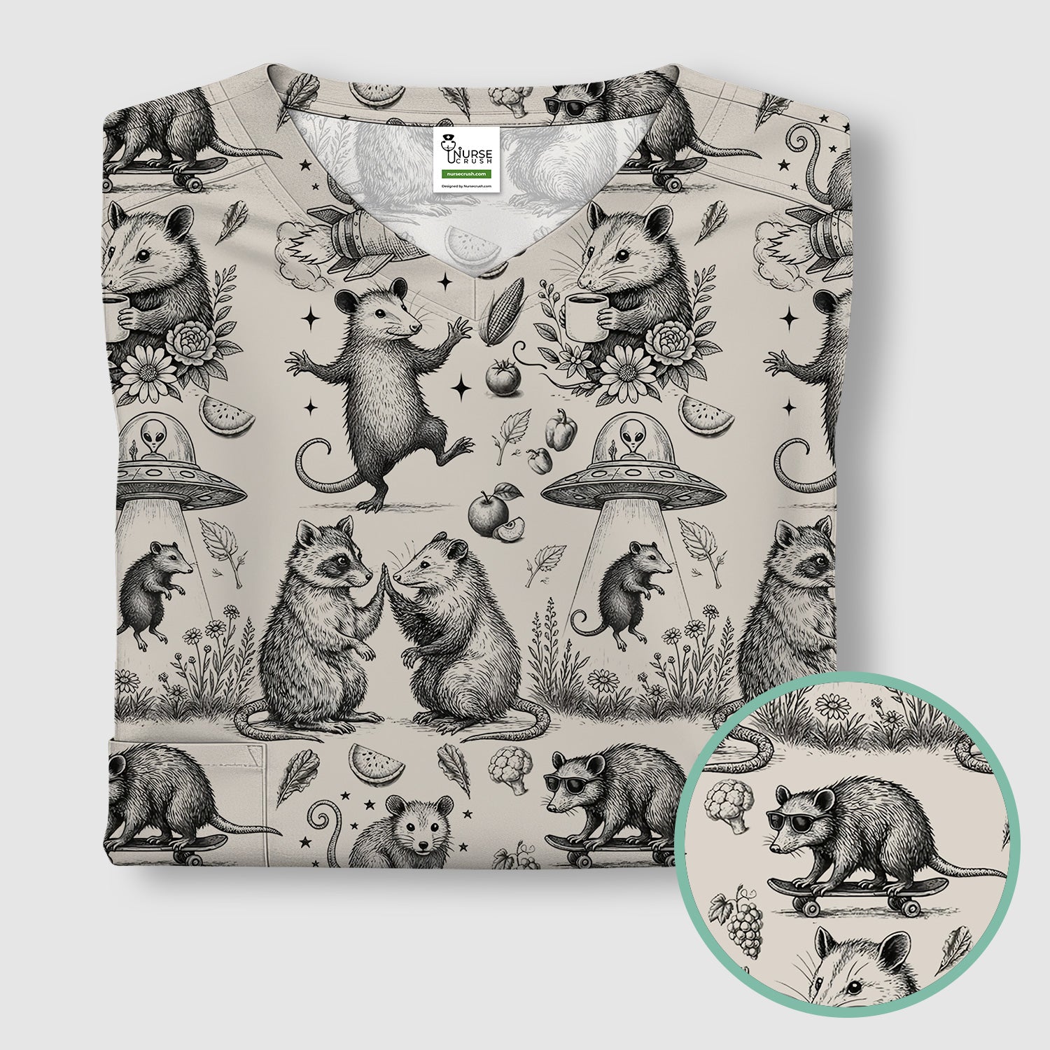 Funny Nurse Vintage Possum Raccoon High Five UFO Pattern Scrub Top, Breathable Fabrics Nursing Uniform