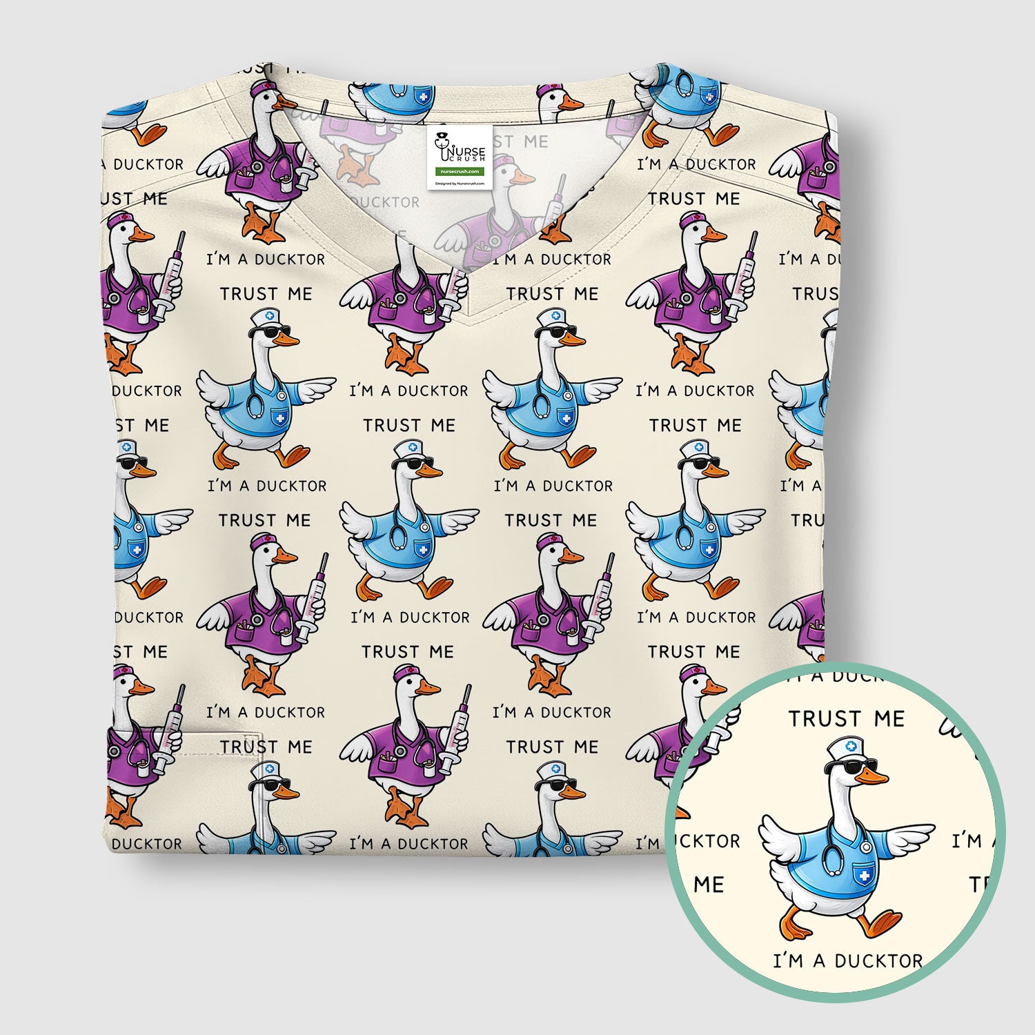 Funny Duck Cartoon Medical Pattern Scrub Top, Comfortable Scrubs for Nurses