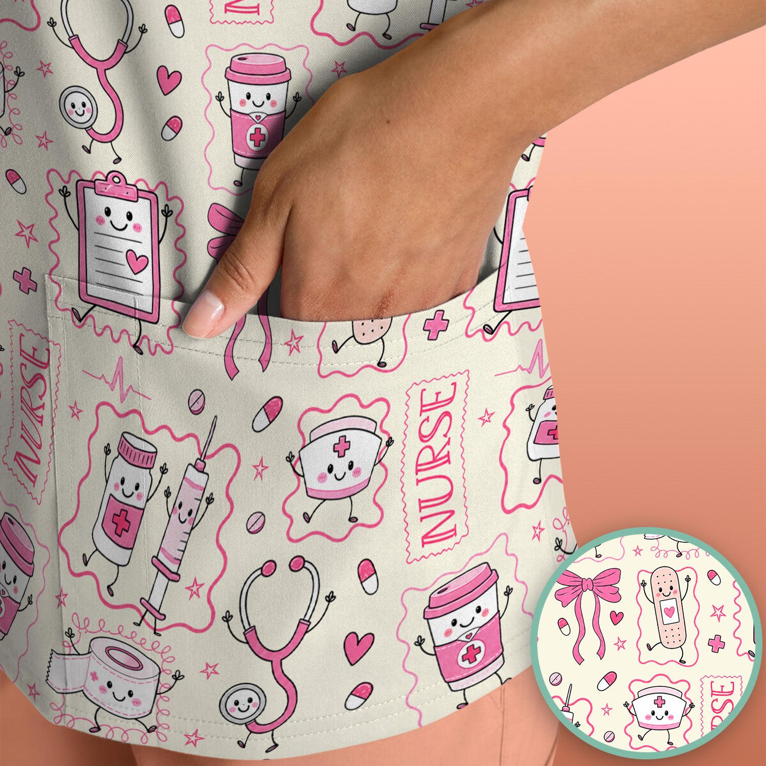 Cute Nurse Doodle with Bandage & Coffee Icons Scrub Top, Comfortable Scrubs for Nurses
