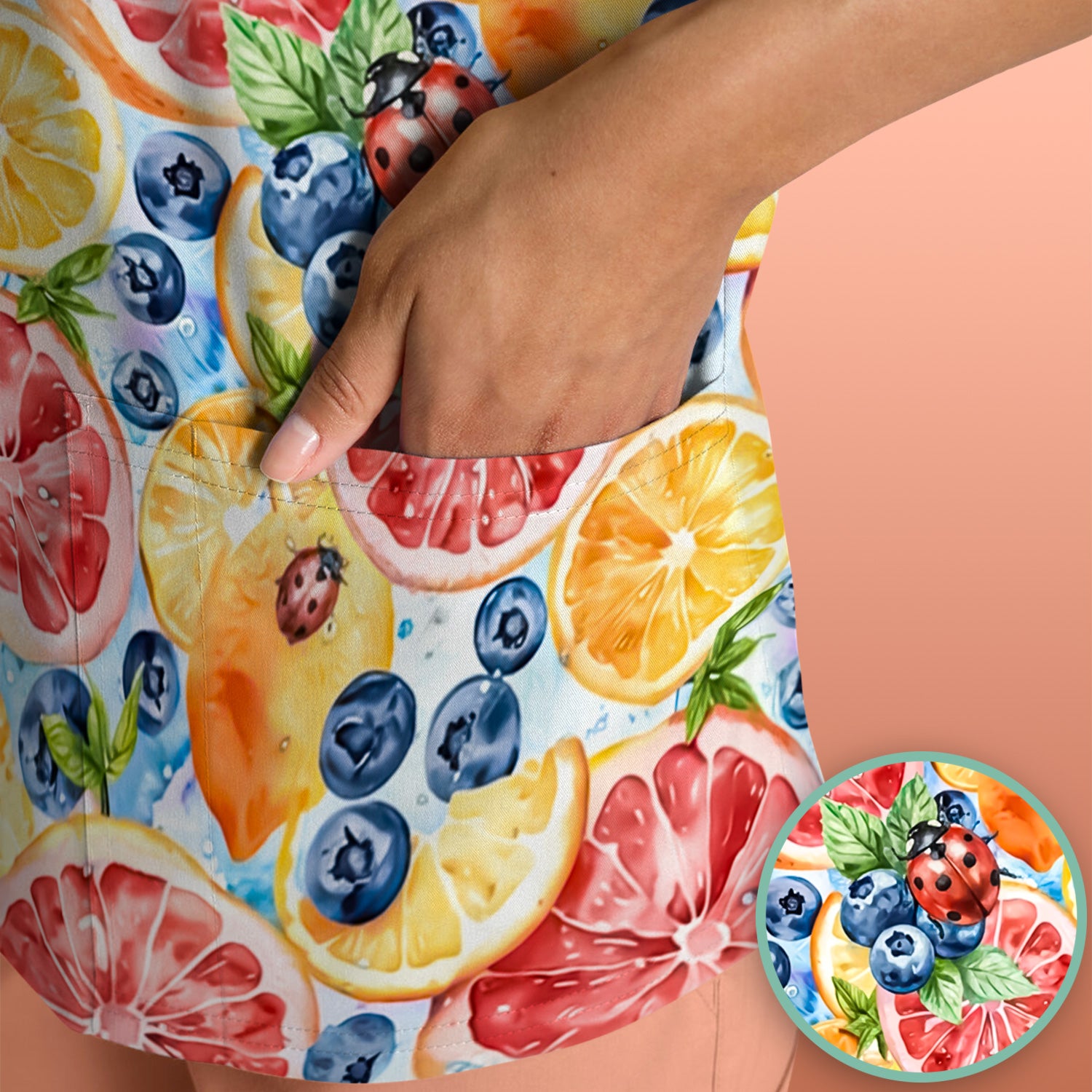 Cute Citrus Berry Ladybug Pattern Scrub Top, Comfortable Scrubs for Nurses
