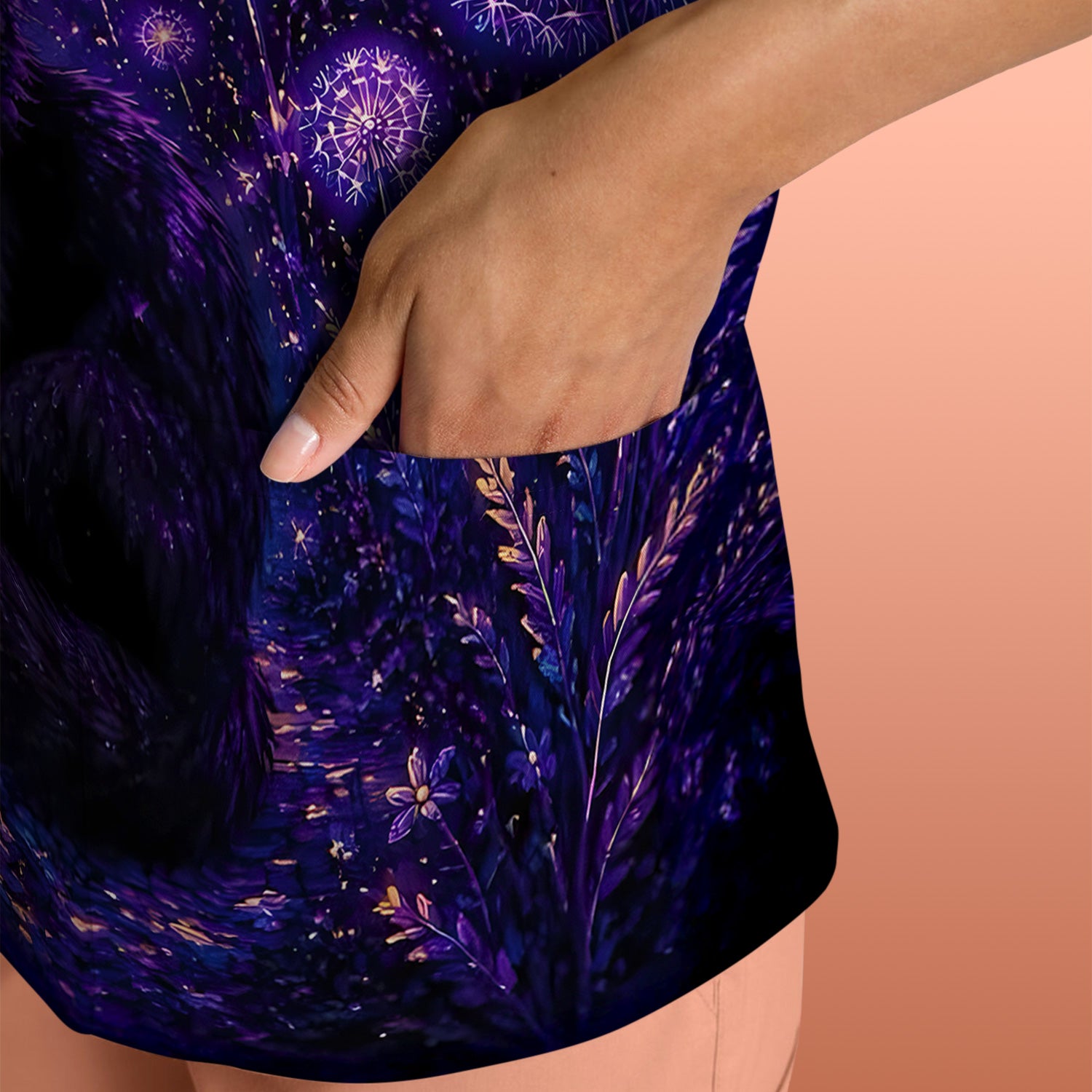 Mystical Black Cat Starry Night Print Scrub Top, Comfortable Scrubs for Nurses