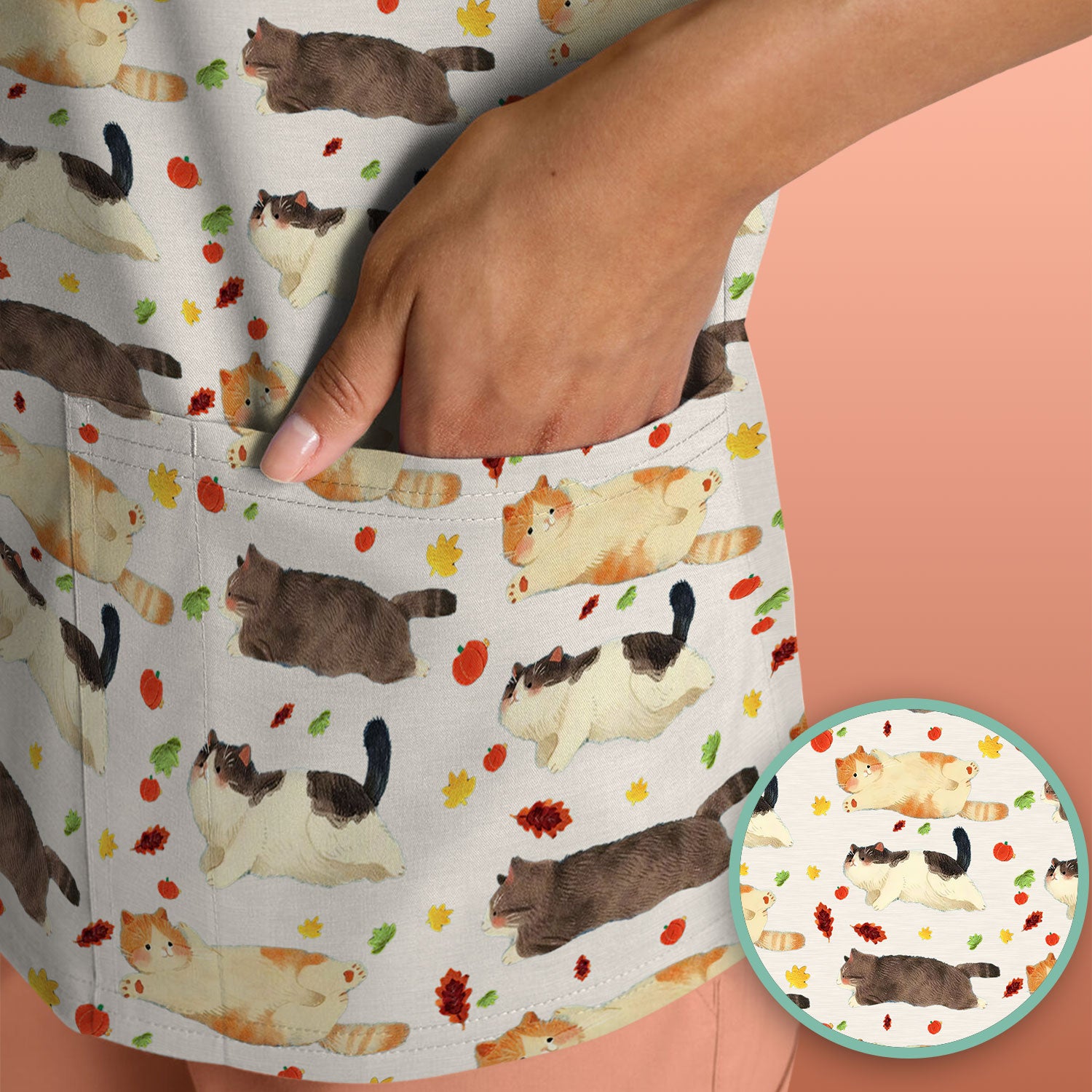 Chubby Cat Autumn Leaves Print Scrub Top, Breathable Fabrics Nursing Uniform