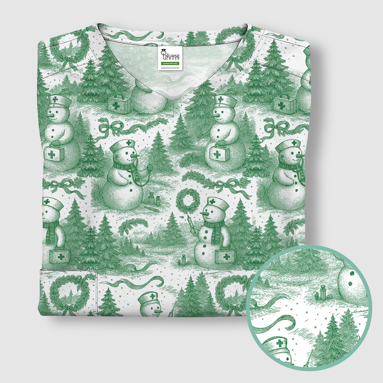 Christmas Scrub Top for Women – Toile de Jouy Snowman and Medical Pattern – Vintage Holiday Nurse Scrubs for Festive Season