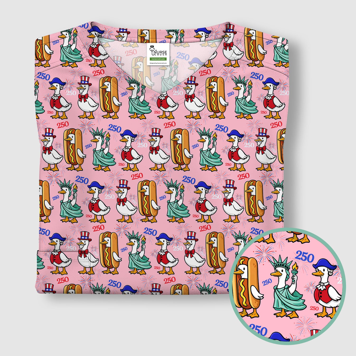 Patriotic Duck Independence Day Pattern Scrub Top, Breathable Healthcare Uniform Top