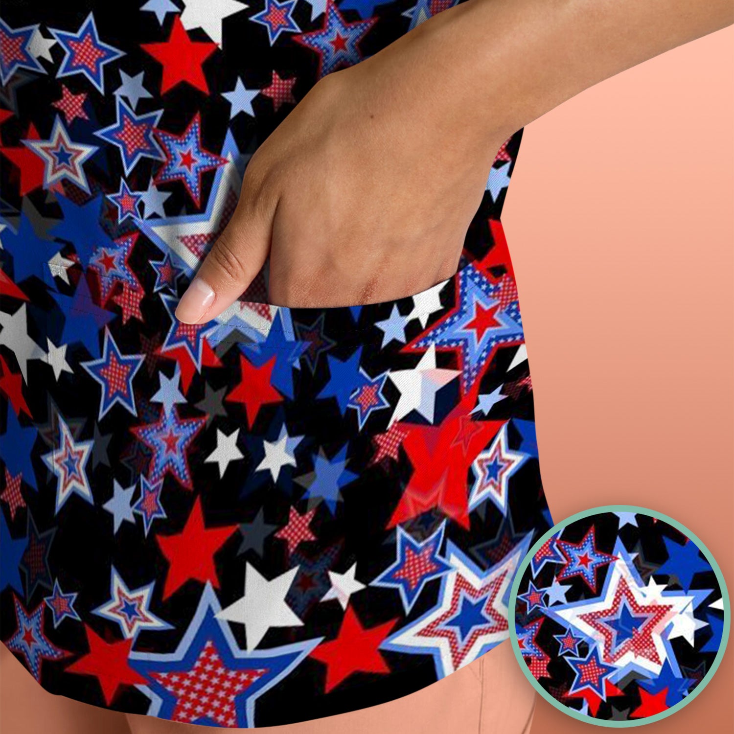Festive Patriotic Red Blue Star Pattern Scrub Top, Comfortable Scrubs for Nurses