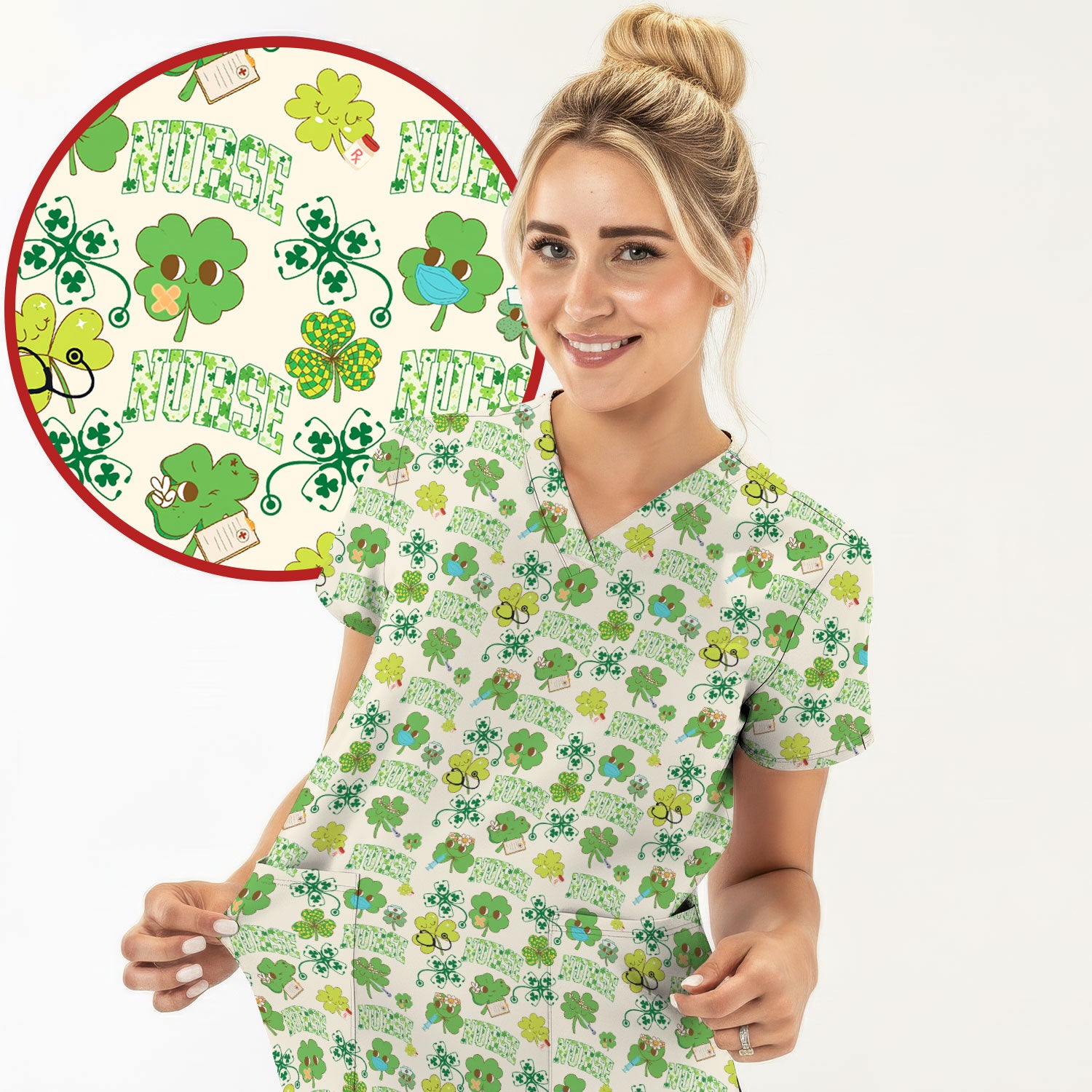 Lucky Shamrock Nurse Scrub Top, St. Patrick’s Day Nursing Shirt, Breathable Fabrics Nursing Uniform