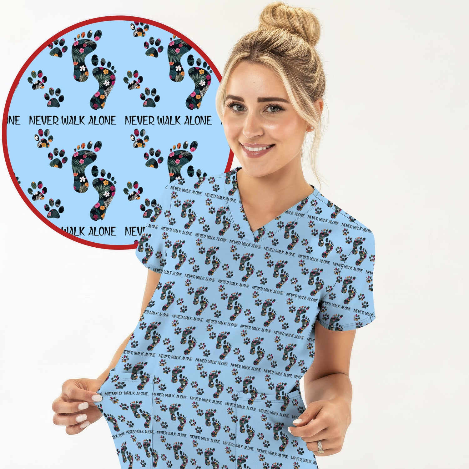 Never Walk Alone Scrub Top, Floral Paw Print Medical Scrub Shirt for Nurses, Vet Techs And Healthcare Workers
