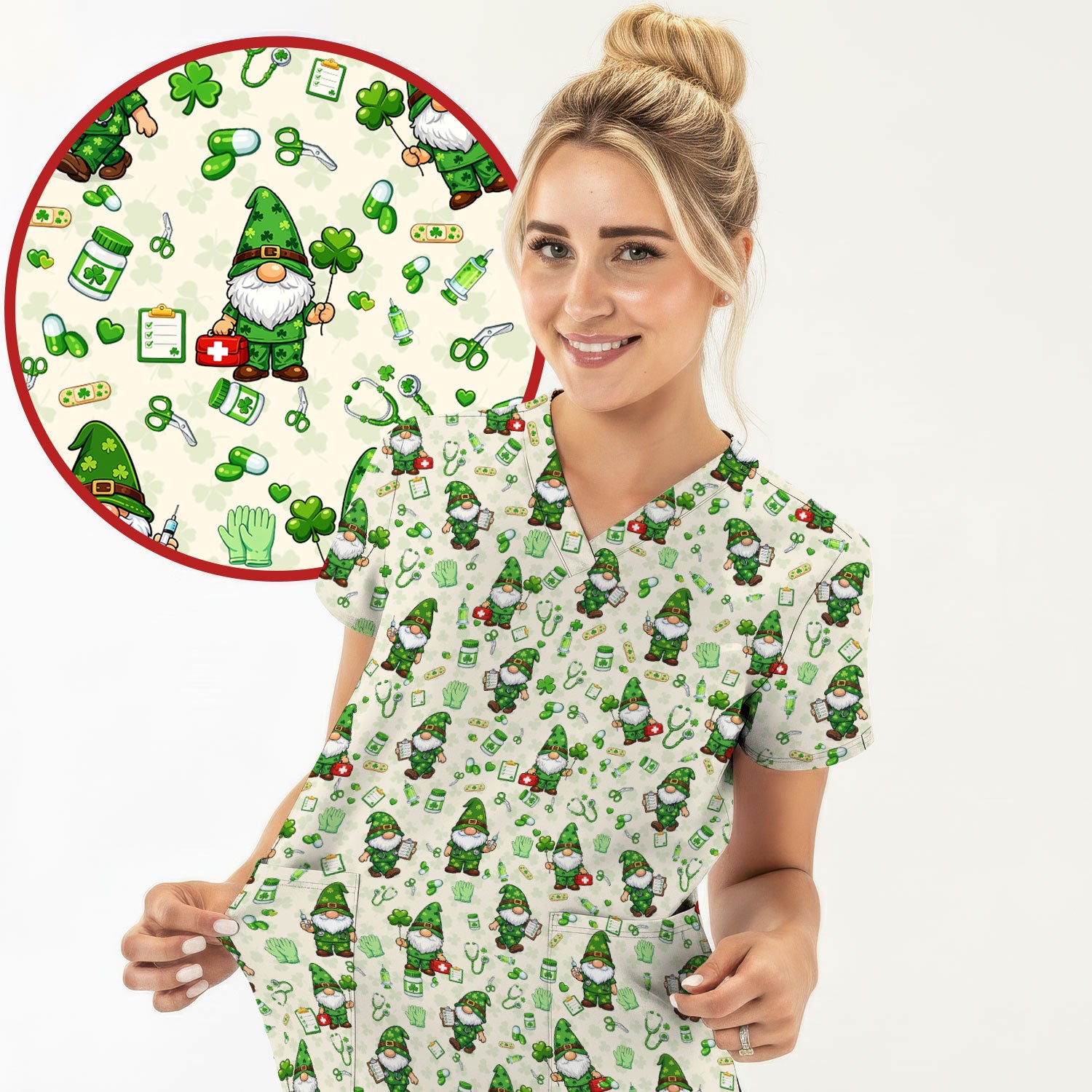 St. Patrick’s Day Nurse Gnome Scrub Top, Green Lucky Medical Pattern Nurse Shirt, Breathable Fabrics Nursing Uniform
