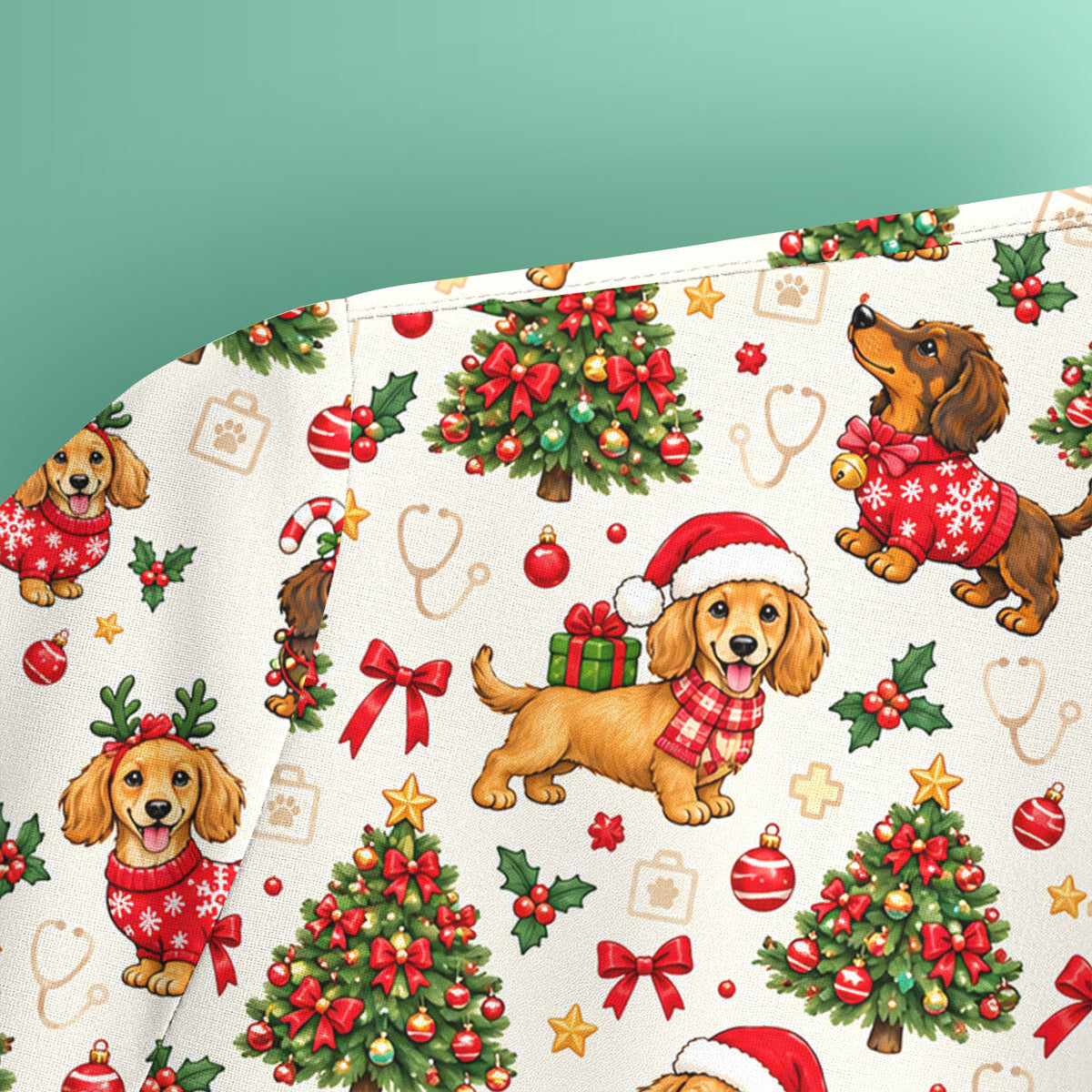 Cute Christmas Dachshund And Tree Pattern Scrub Top, Comfortable Scrubs for Nurses