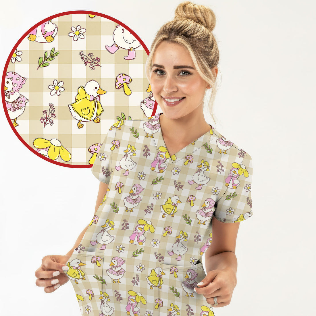 Cute Duck Outfit Gingham Pattern Scrub Top, Comfortable Scrubs for Nurses