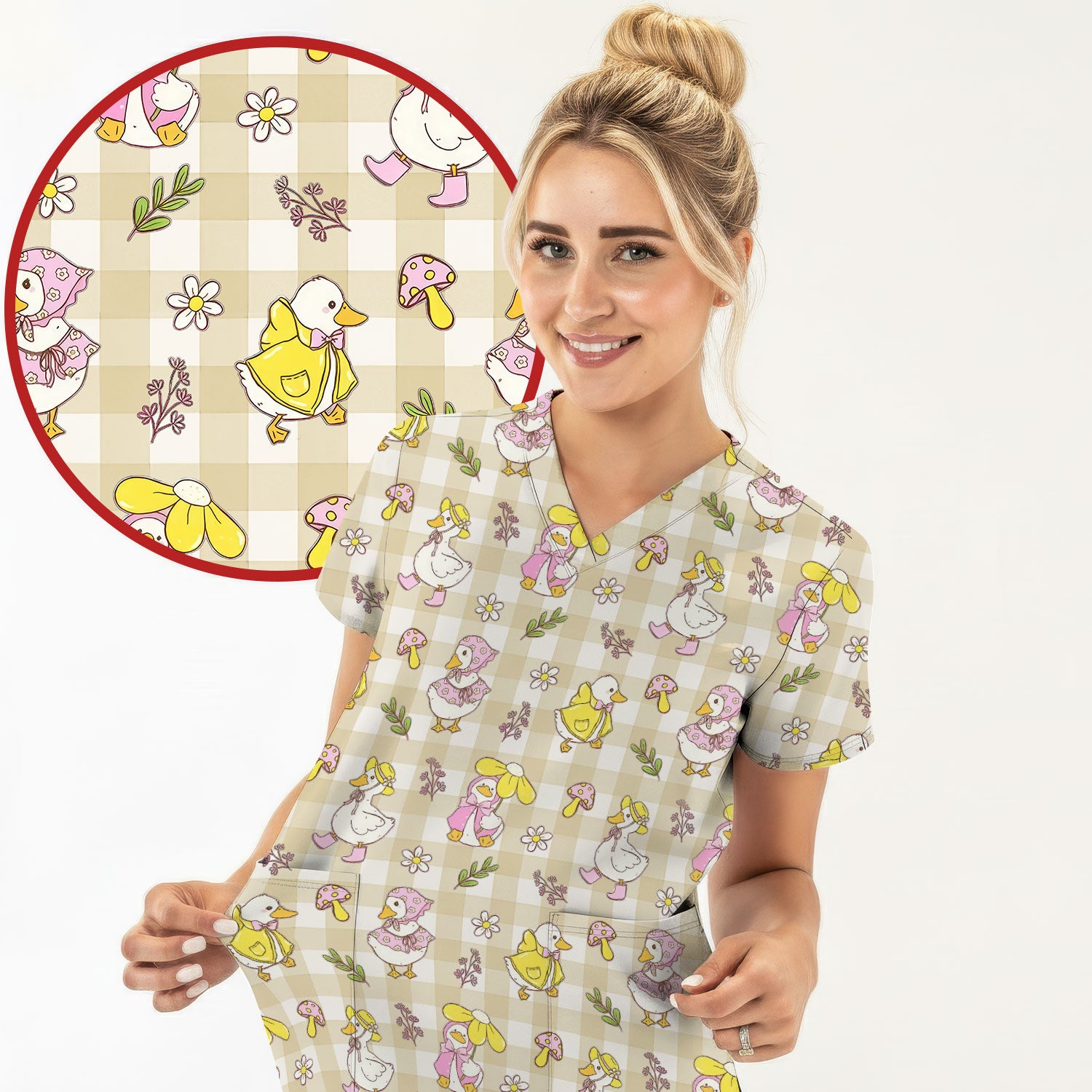 Cute Duck Outfit Gingham Pattern Scrub Top, Comfortable Scrubs for Nurses