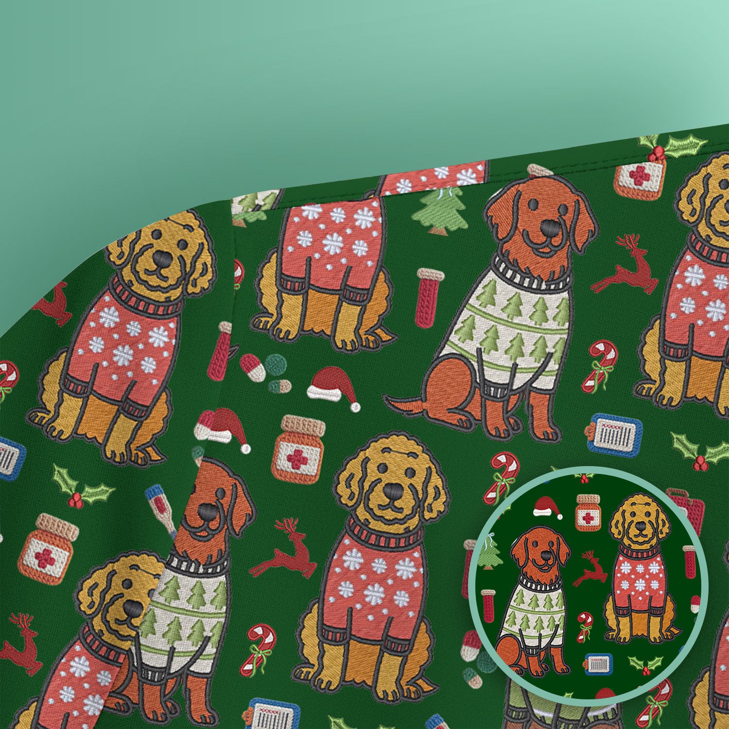 Golden Retriever Christmas Scrub Top, Cute Holiday Dog Nurse Pattern Shirt, Breathable Fabrics Nursing Uniform