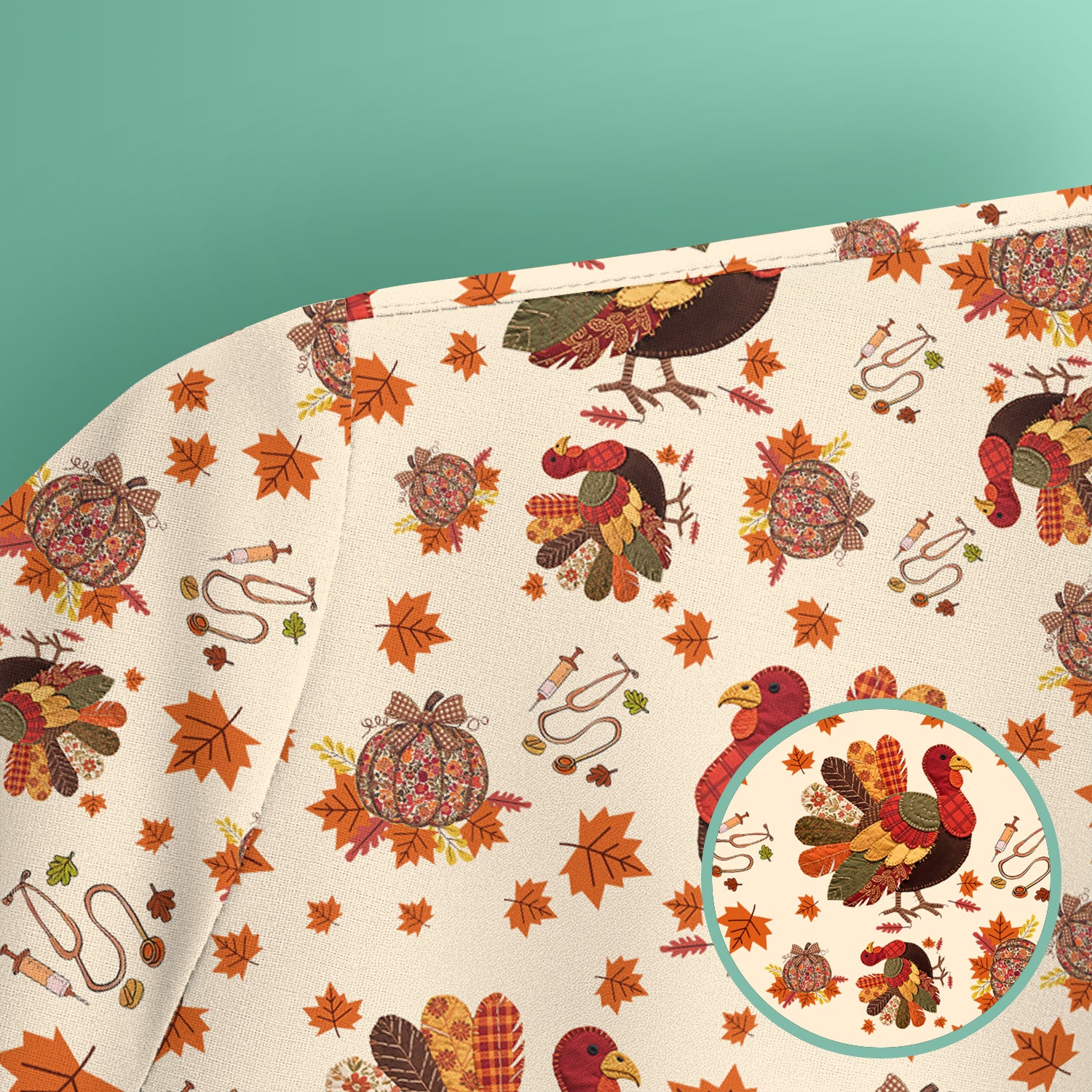 Thanksgiving Turkey Nurse Scrub Top for Women - Fall Leaves Pattern Shirts - Autumn Nursing Uniform Gift for RN LPN CNA