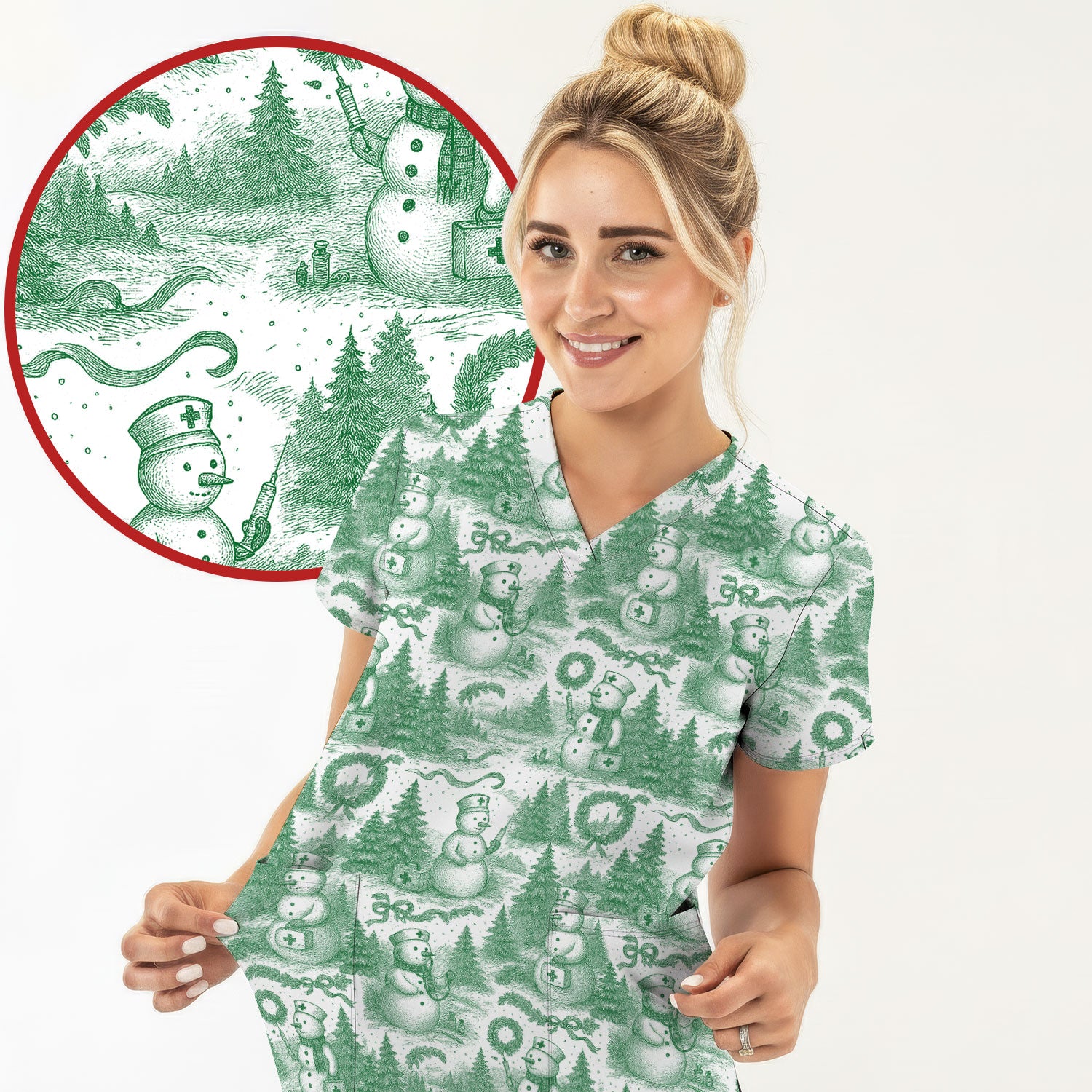 Christmas Scrub Top for Women – Toile de Jouy Snowman and Medical Pattern – Vintage Holiday Nurse Scrubs for Festive Season