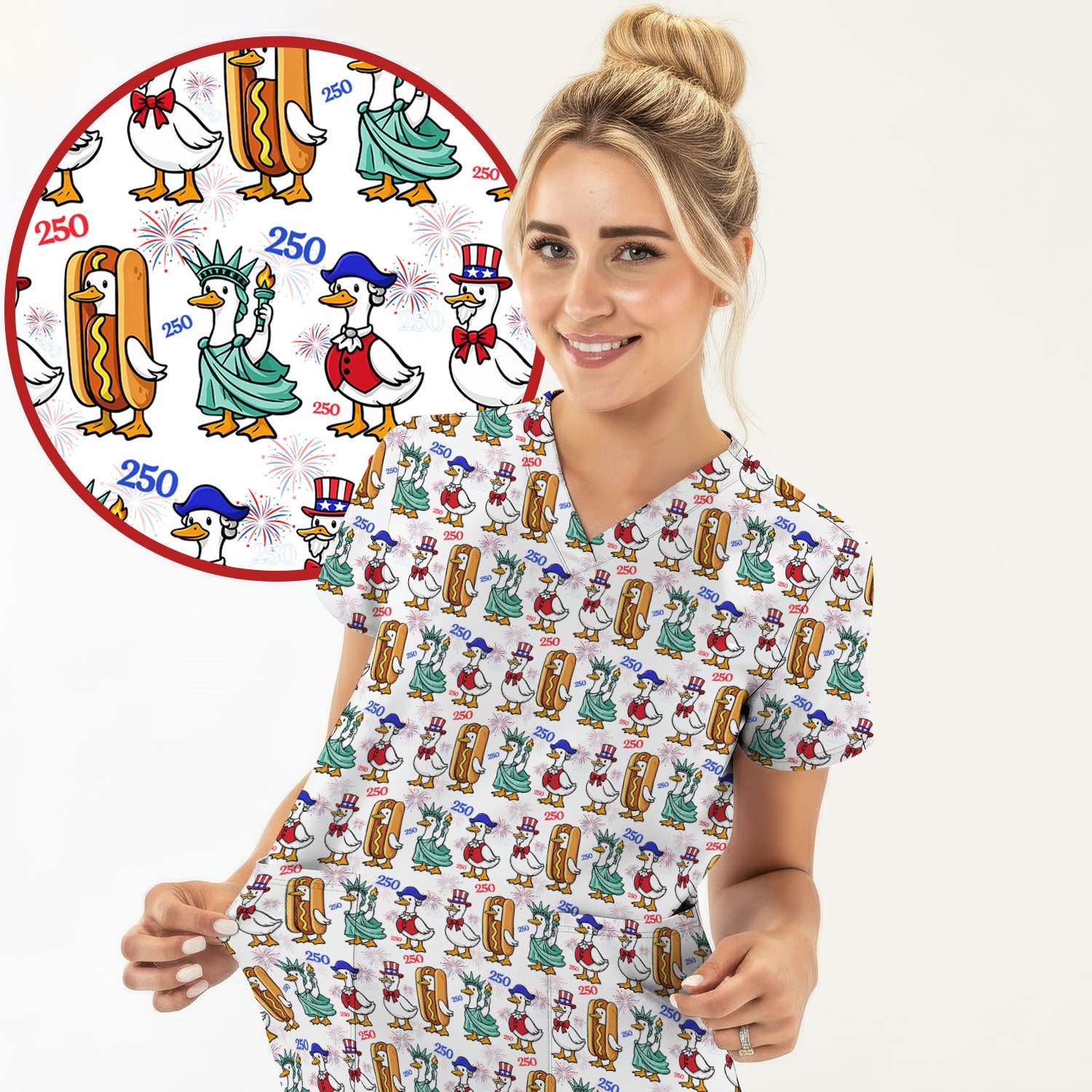 Patriotic Duck Independence Day Pattern Scrub Top, Breathable Healthcare Uniform Top