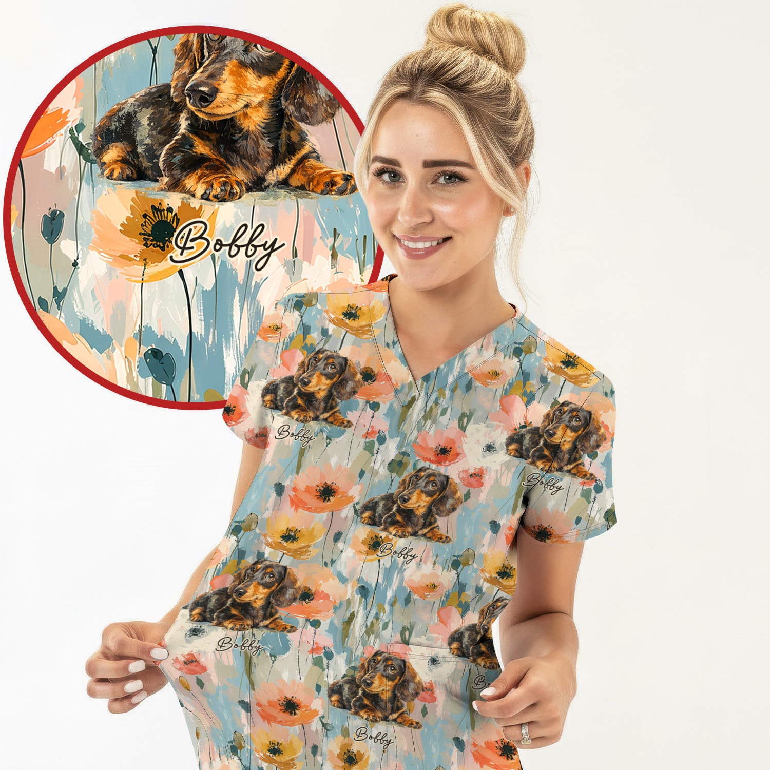 Personalized Dachshund Floral Portrait Pattern Scrub Top, Comfortable Scrubs for Nurses