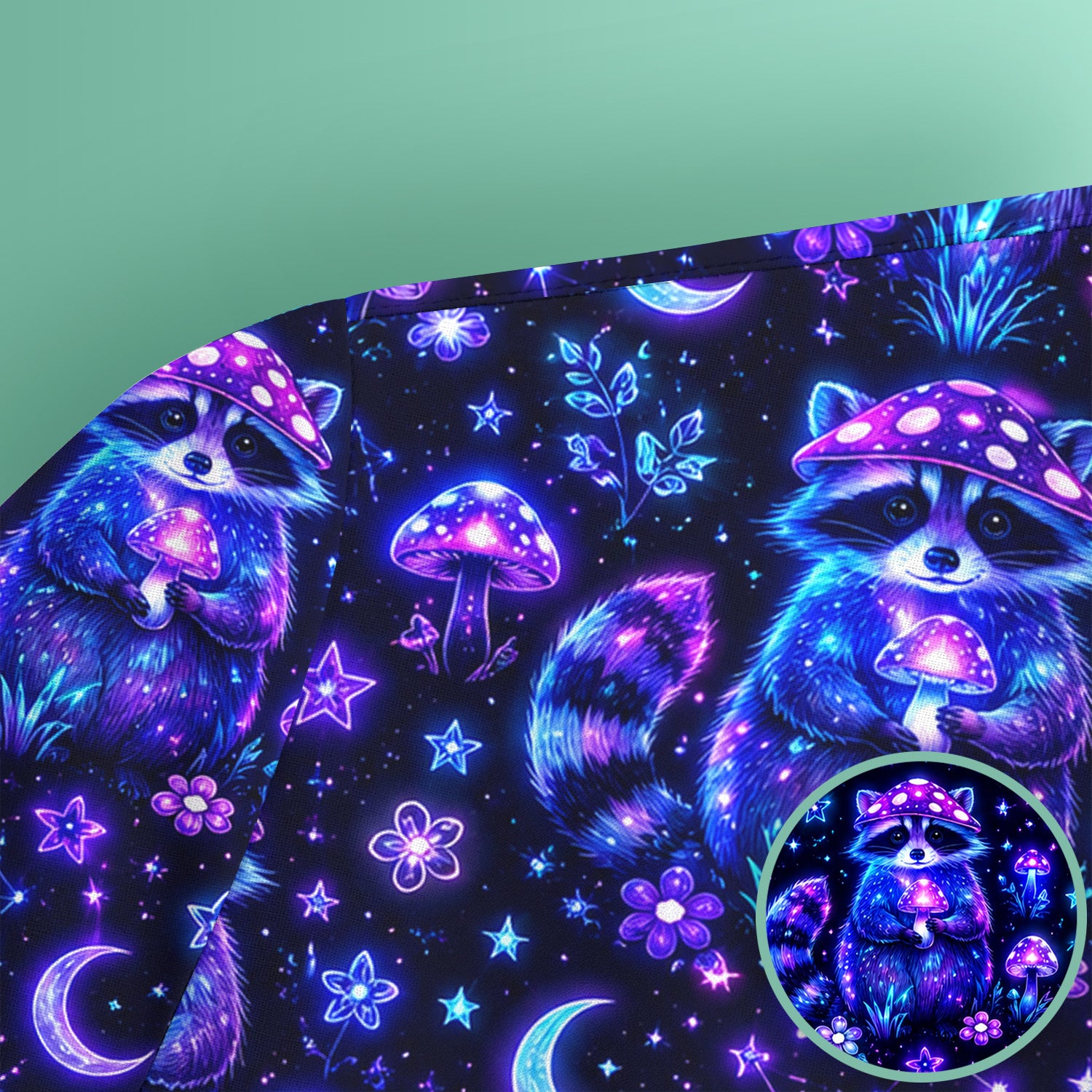 Neon Mushroom Raccoon Nurse Scrub Top for RN, CNA, Pediatric Nurses, Galaxy Uniform