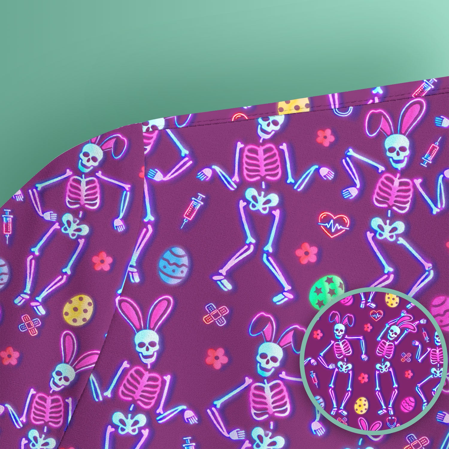 Neon Easter Skeleton Pattern Scrub Top, Comfortable Scrubs for Nurses
