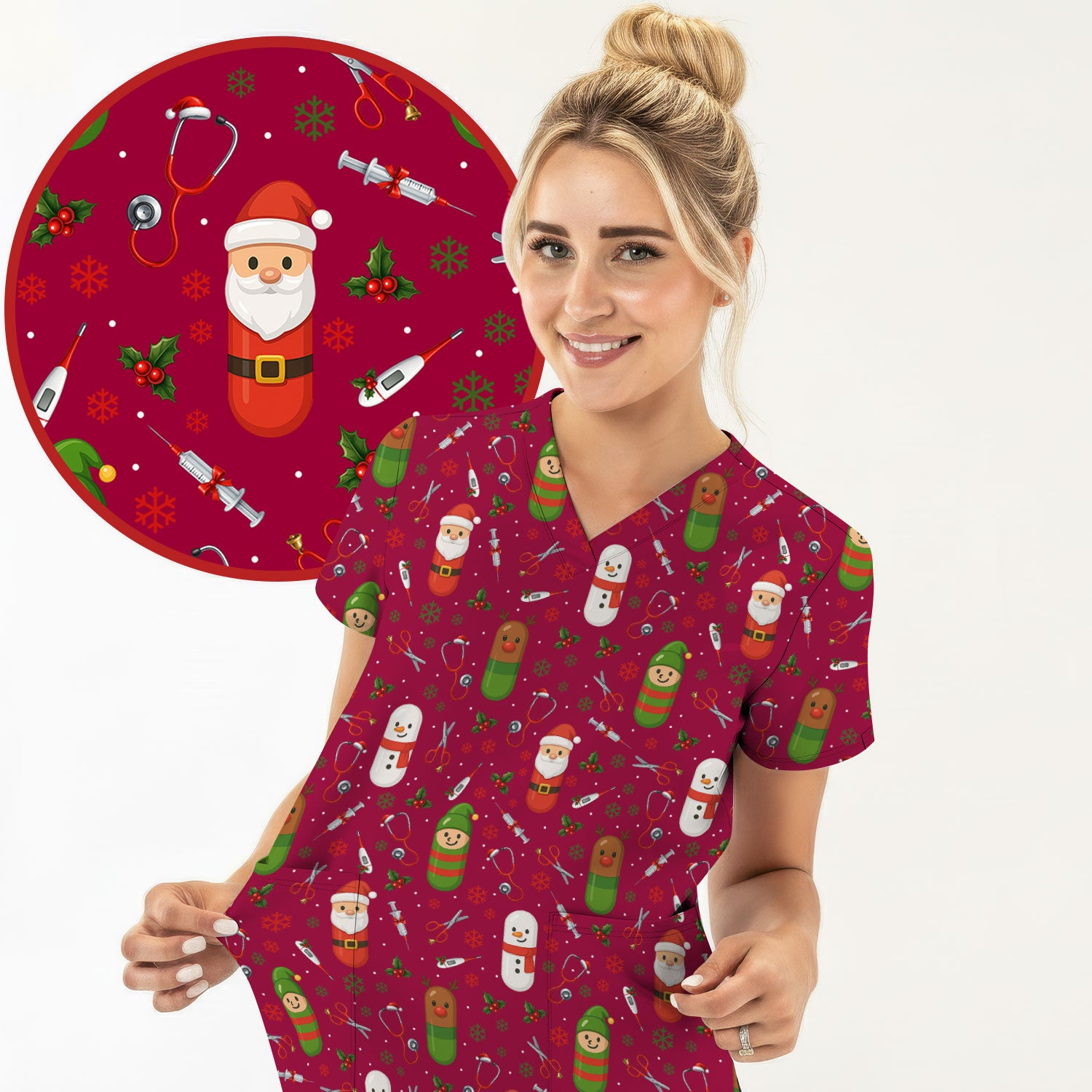 Santa Christmas Scrubs Set - Fun Holiday Pattern with Reindeer and Snowman - Cute Medical Scrub Top and Pants for Nurses