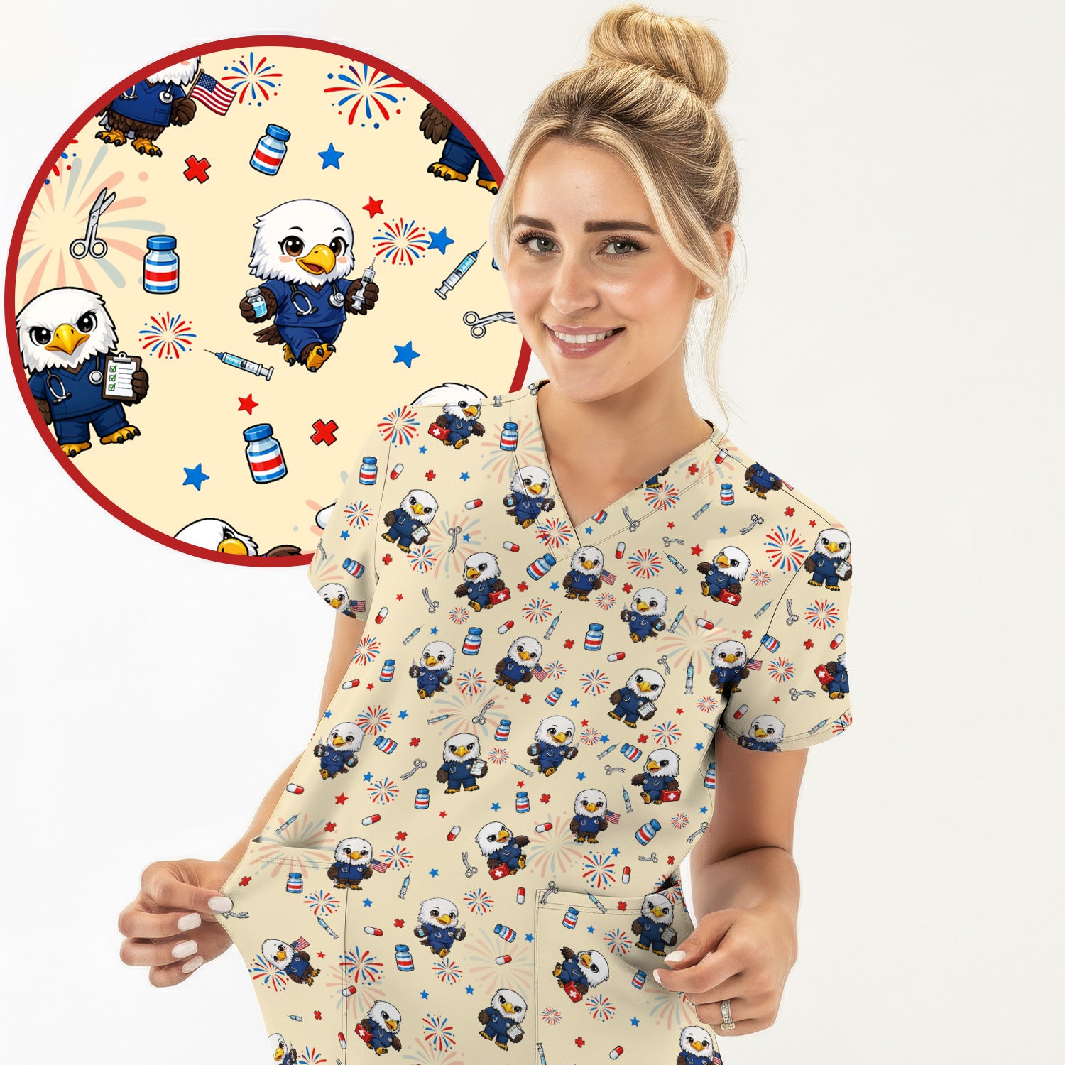 Patriotic Nurse Eagle Fireworks Medical Pattern Scrub Top, Breathable Fabrics Nursing Uniform