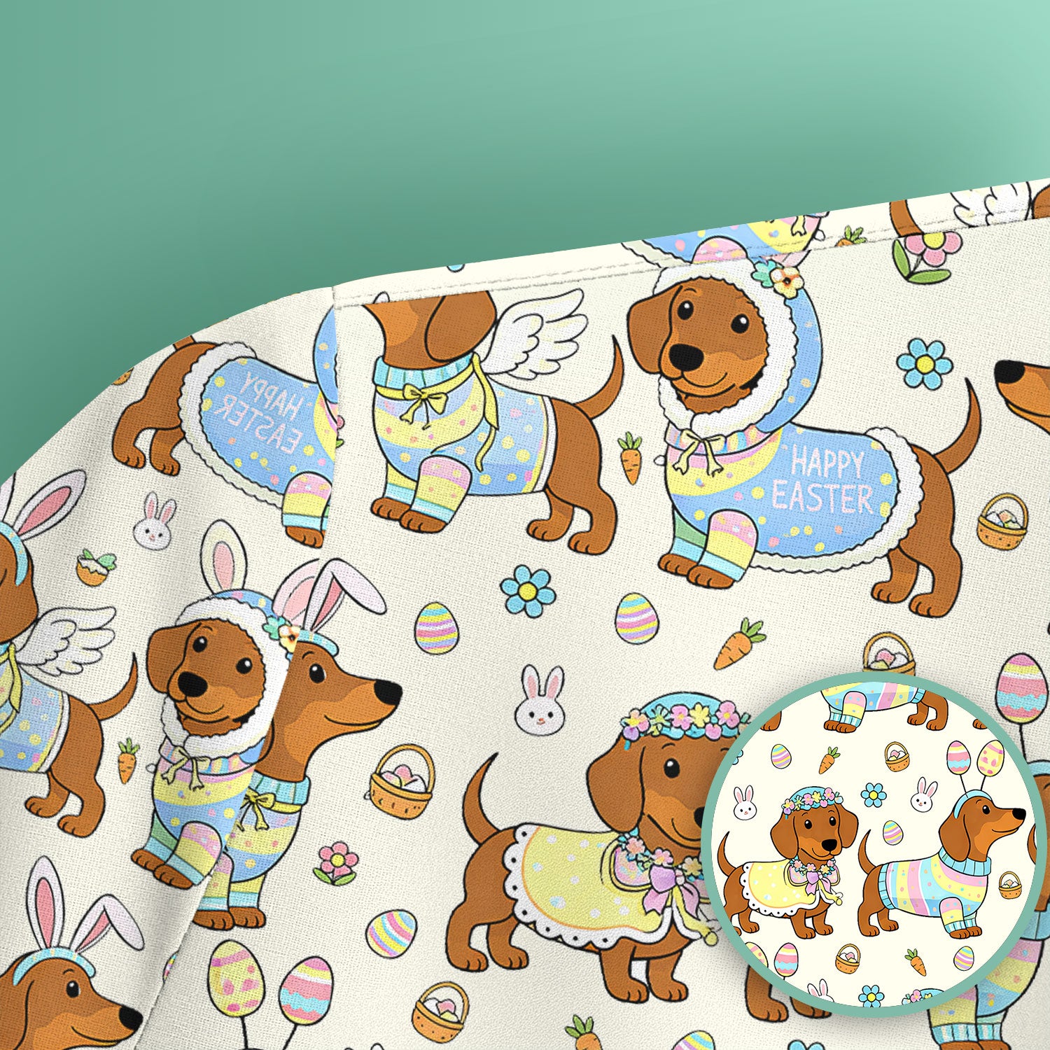 Easter Dachshund Bunny Print Scrub Top, Breathable Fabrics Nursing Uniform