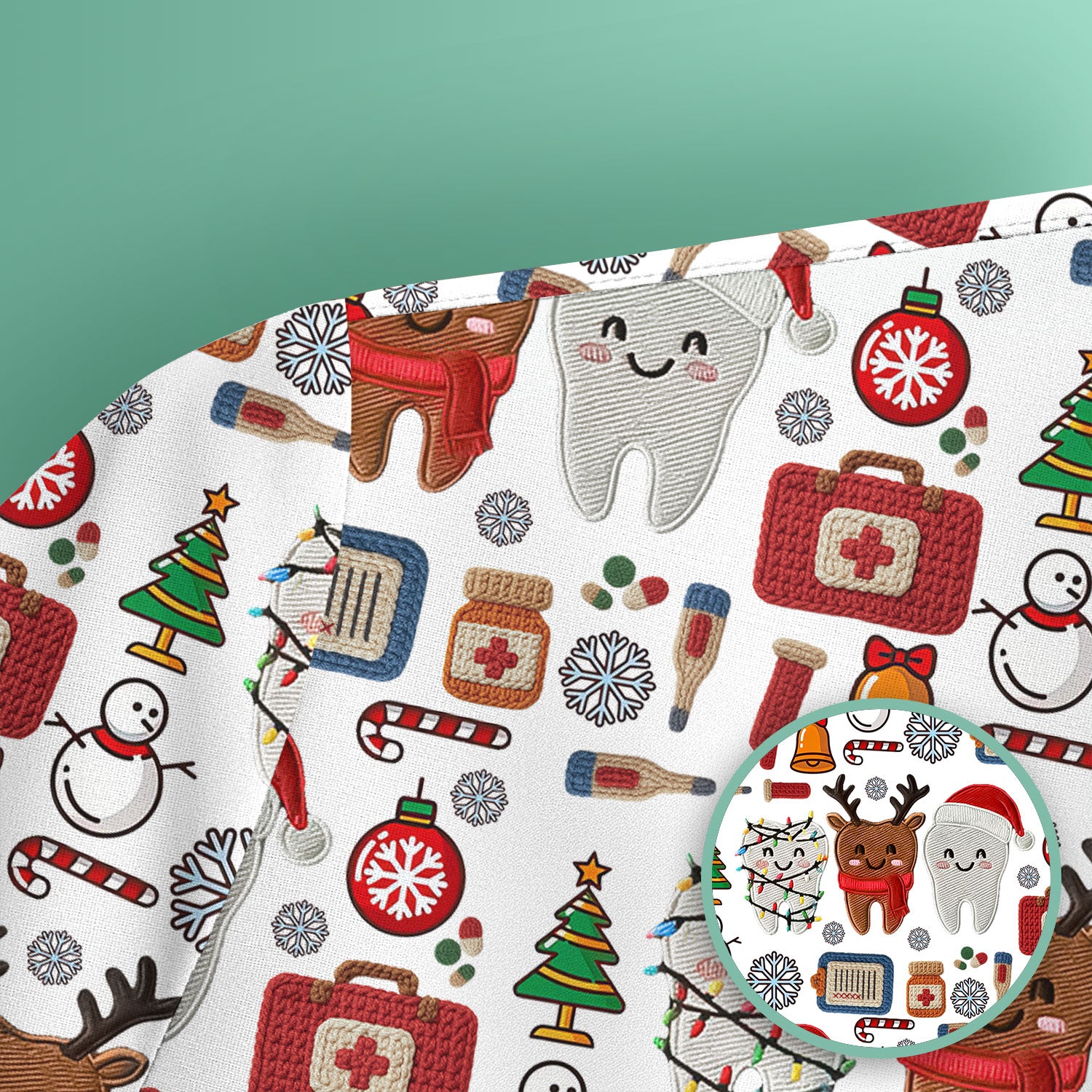 Christmas Dental Scrub Top - Cute Santa & Reindeer Tooth Shirt - Funny Holiday Medical Uniform for Dentists, Hygienists & Nurses