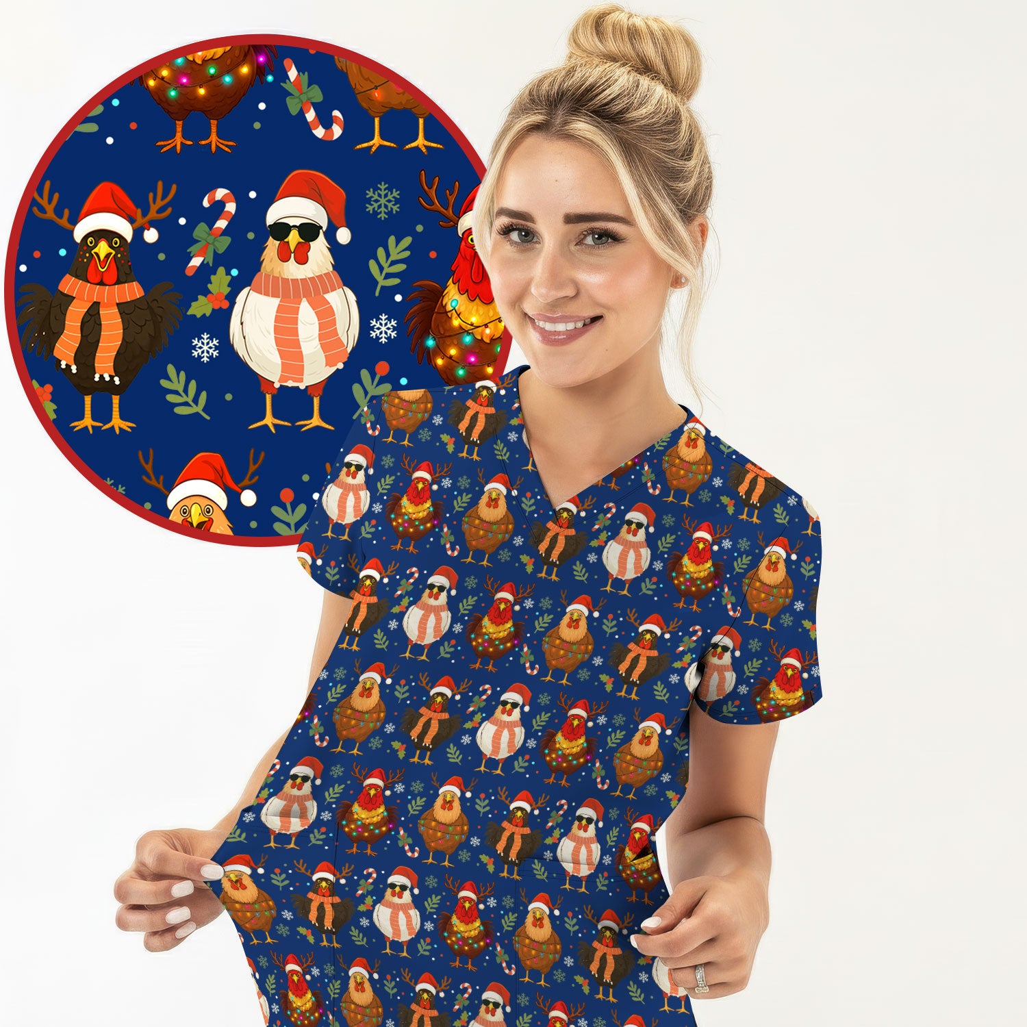 Chicken Scrubs Christmas Edition - Cute Funny Hen Pattern Medical Scrub Top for Women - Holiday Christmas Scrubs with Festive Print
