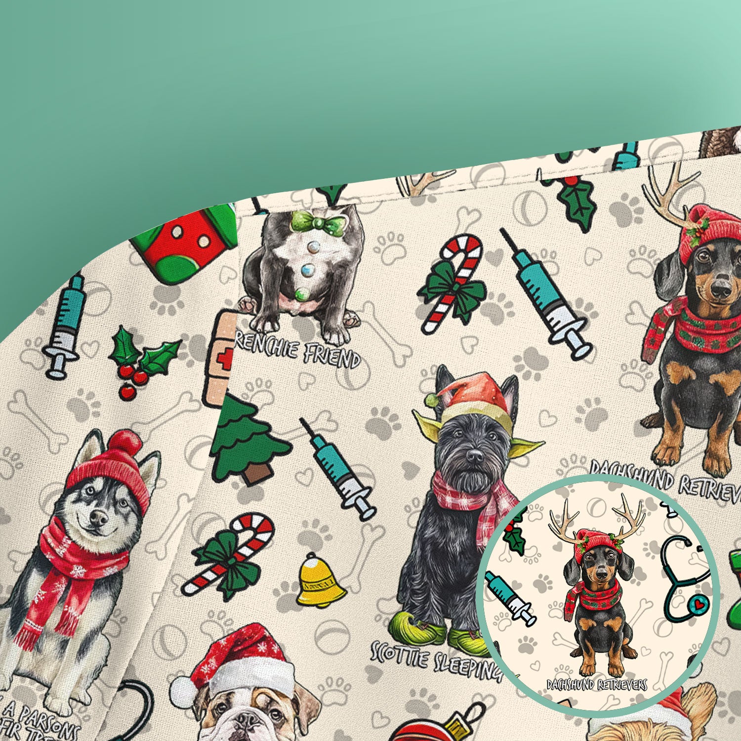 Christmas Dog Scrubs for Nurses – Dachshund, Husky, Poodle, Corgi & Labrador Holiday Scrub Top – Funny Santa Pattern Medical Shirt