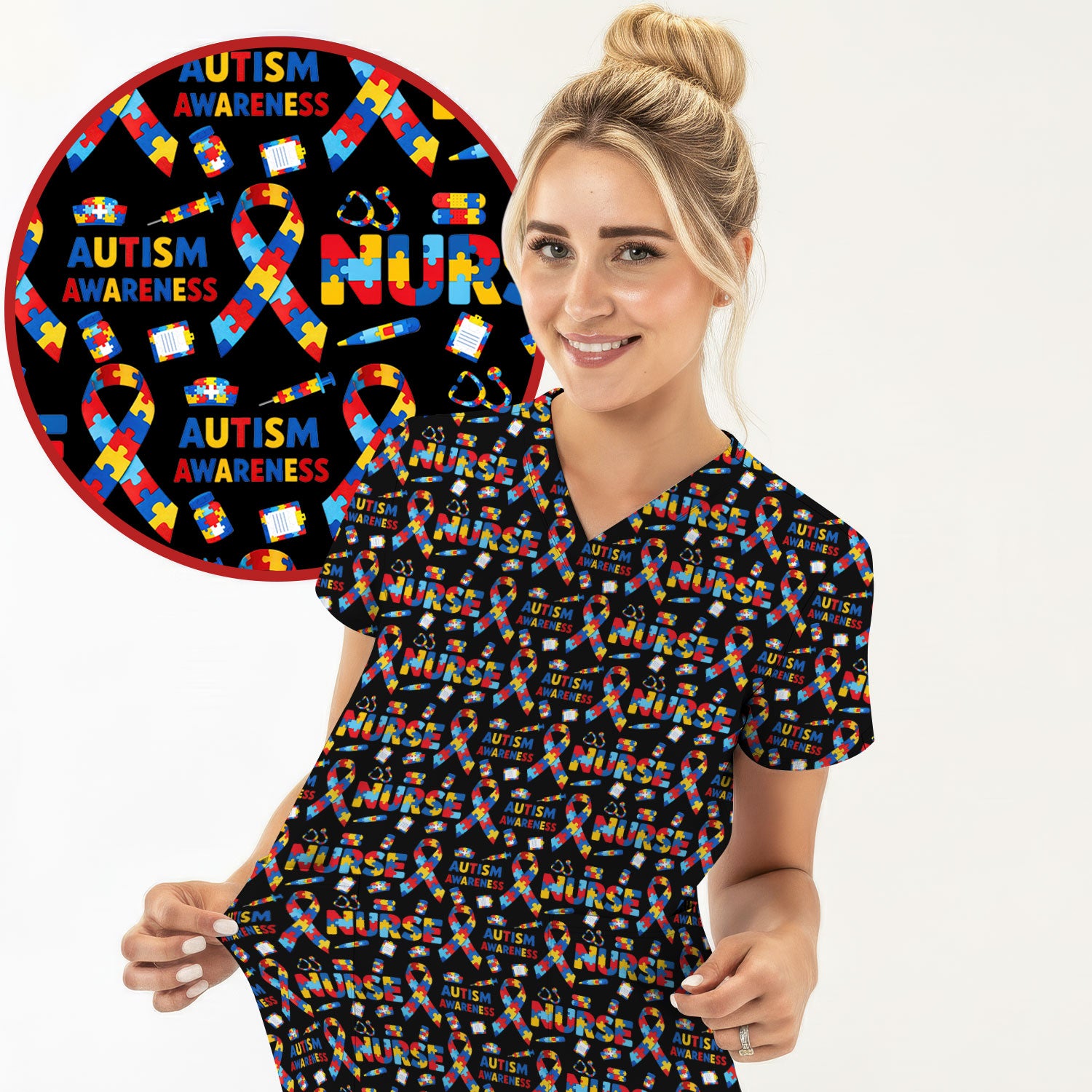Autism Awareness Nurse Puzzle Ribbon Print Scrubs, Comfortable Scrubs for Nurses