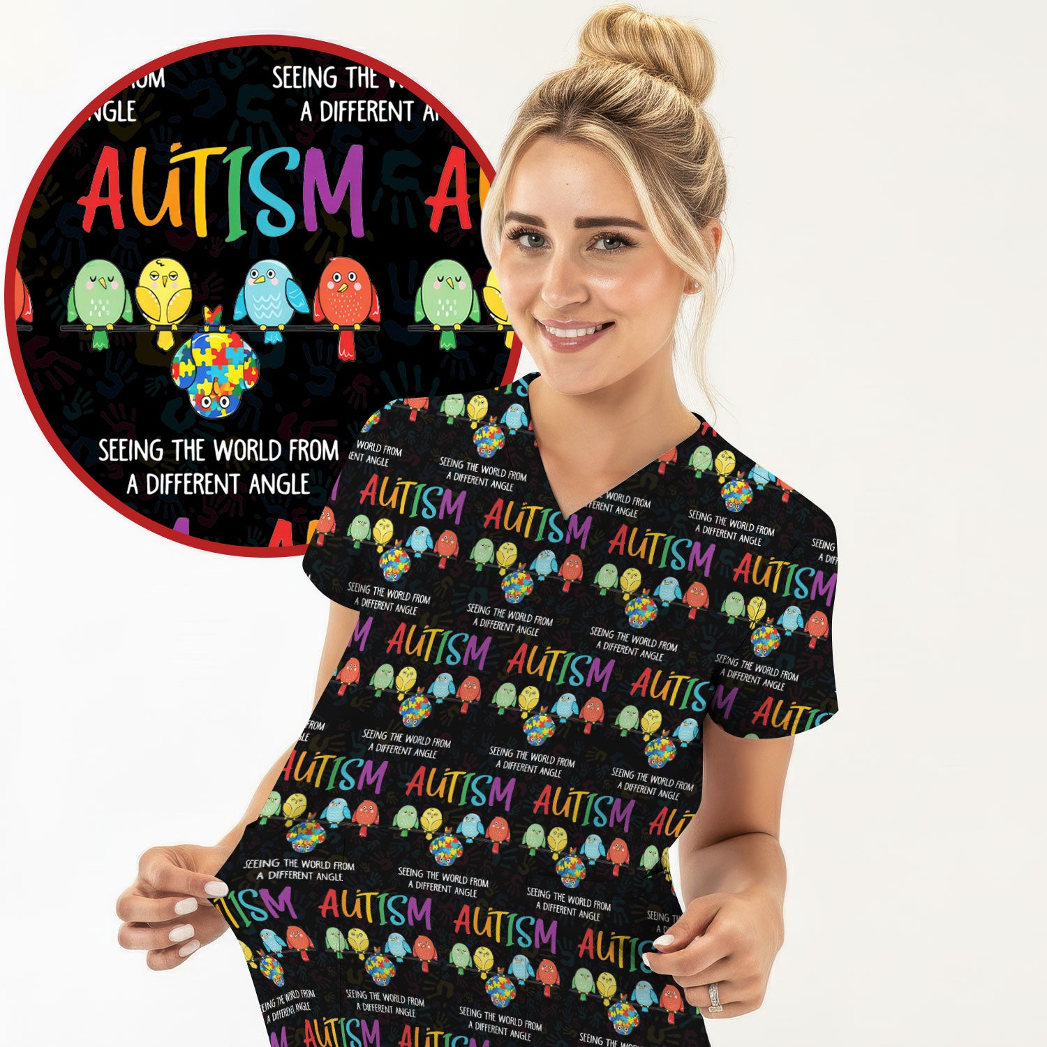 Autism Seeing The World From A Different Angle Birds Scrub Top ,Comfortable Scrubs for Nurses