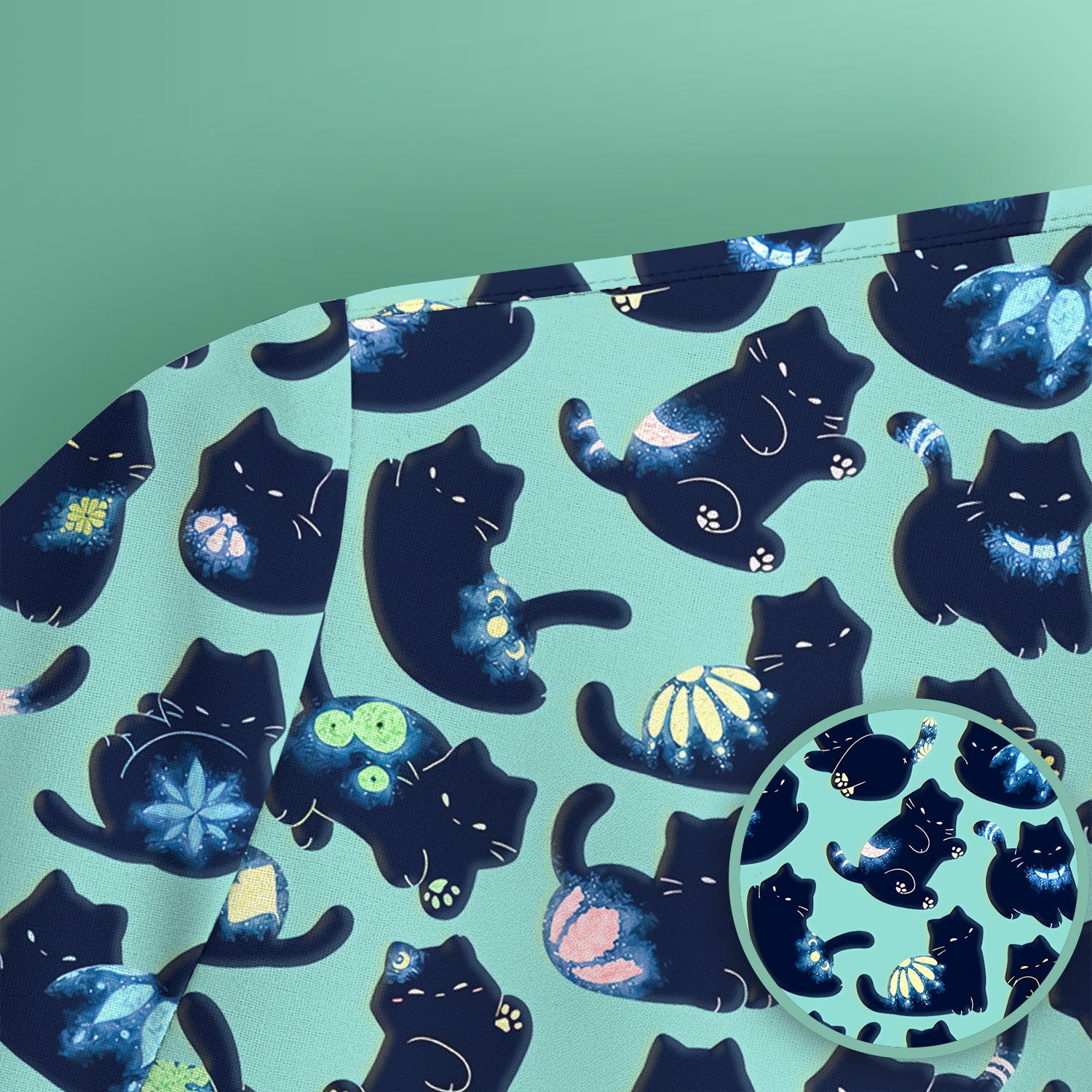 Midnight Cat Scrub Top, Black Cat Pattern Nurse Shirt, Breathable Fabrics Nursing Uniform