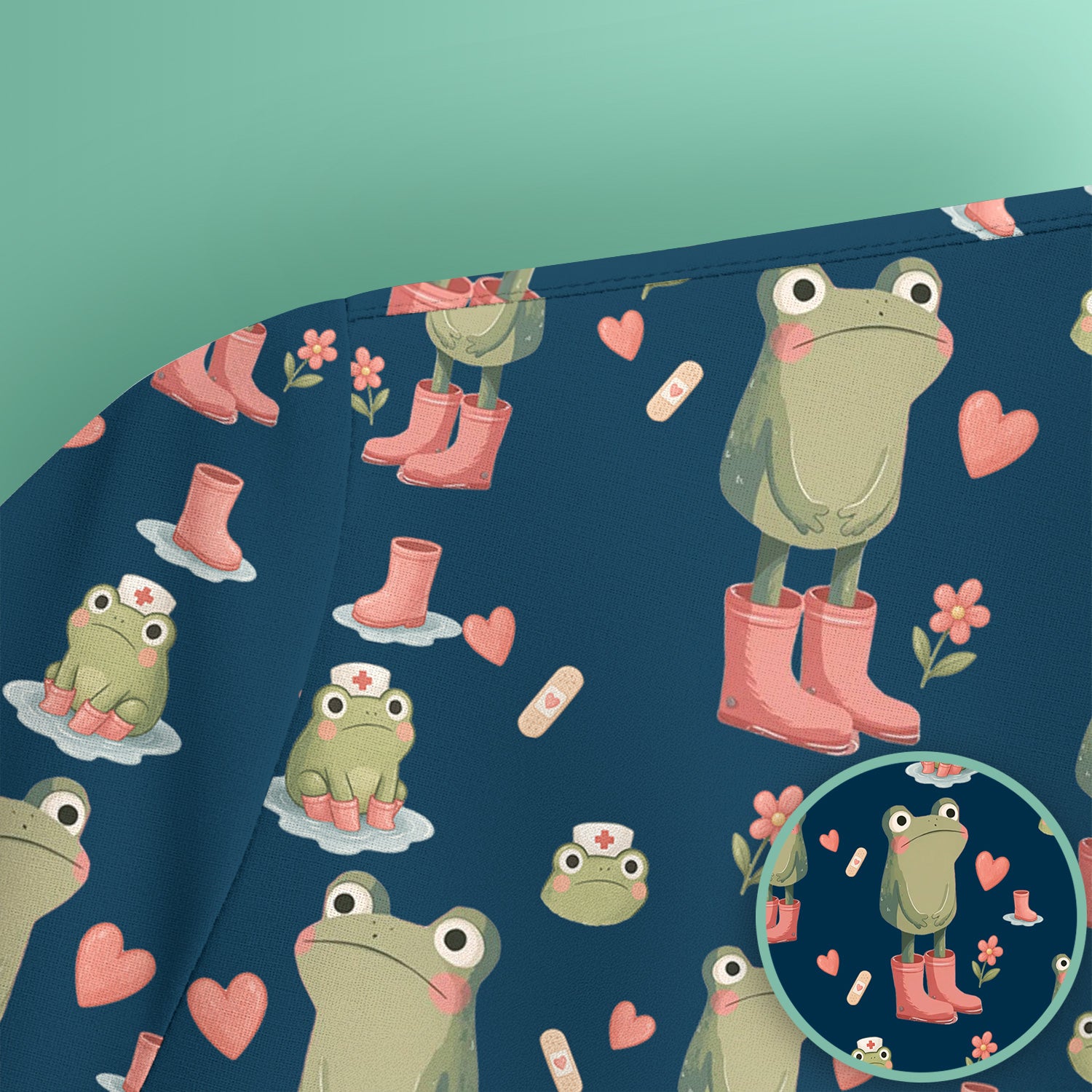 Adorable Frog Boots Heart Pattern Scrub Top, Comfortable Scrubs for Nurses