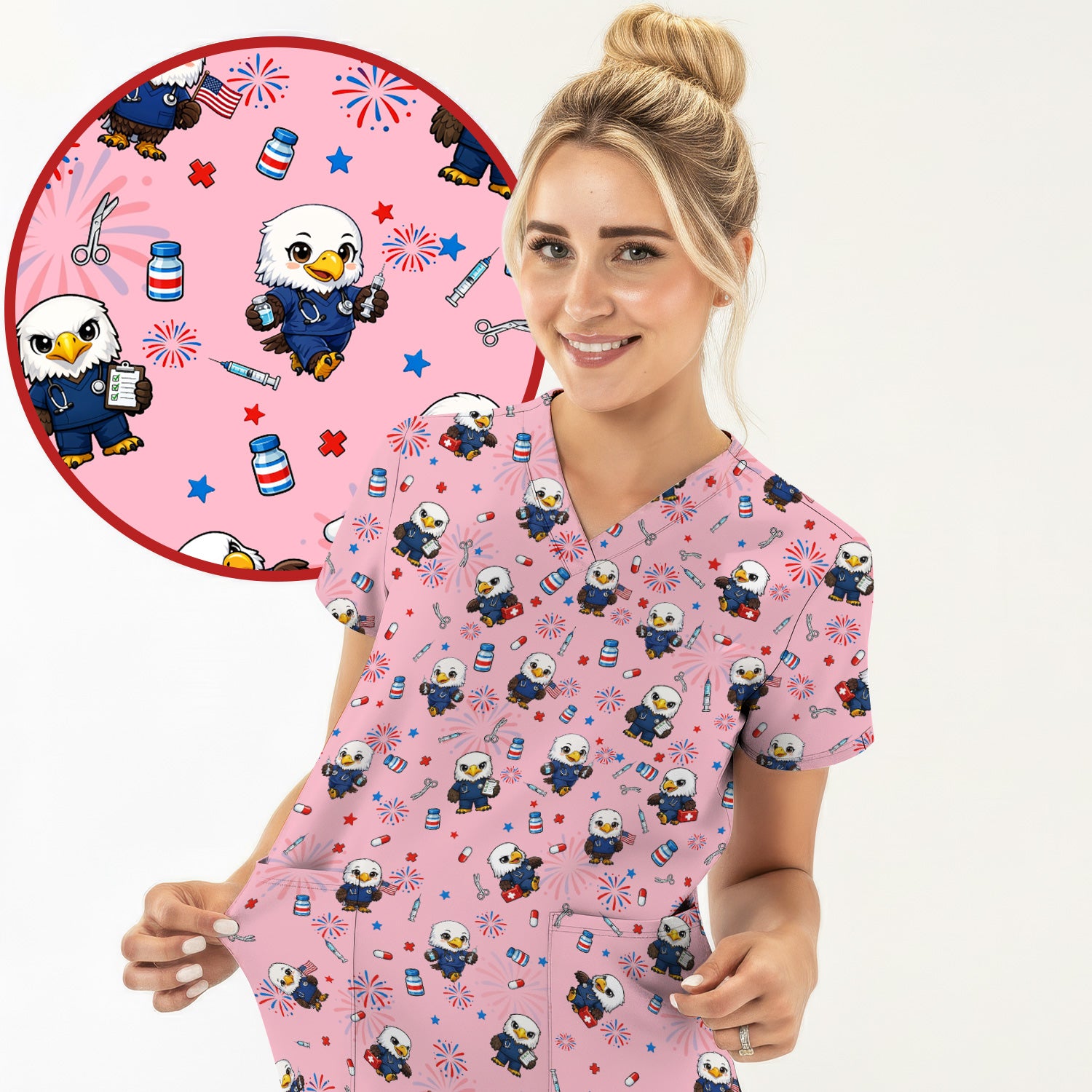 Patriotic Nurse Eagle Fireworks Medical Pattern Scrub Top, Breathable Fabrics Nursing Uniform