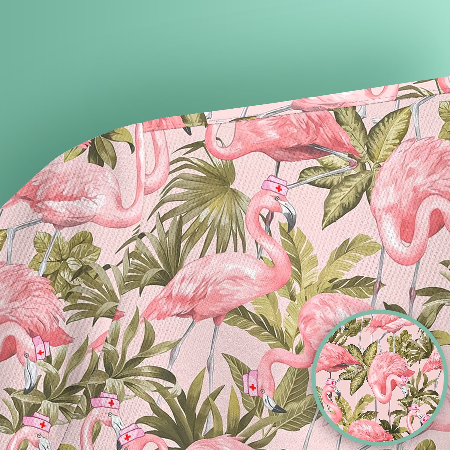 Pink Flamingo Jungle Leaves Pattern Scrub Top, Breathable Fabrics Nursing Uniform