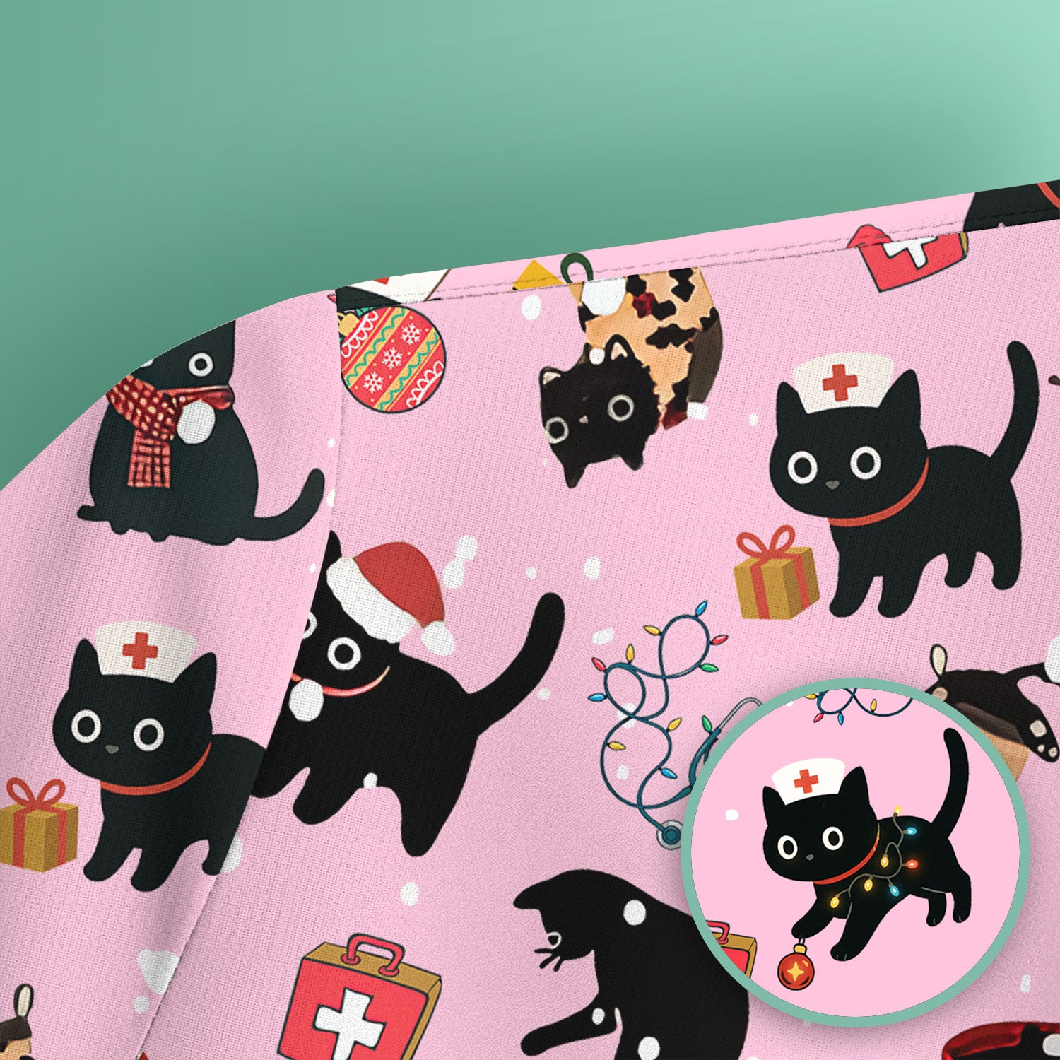 Christmas Cat Scrub Top for Nurse - Funny Black Cats Shirt - Cute Holiday Medical Uniform for Women