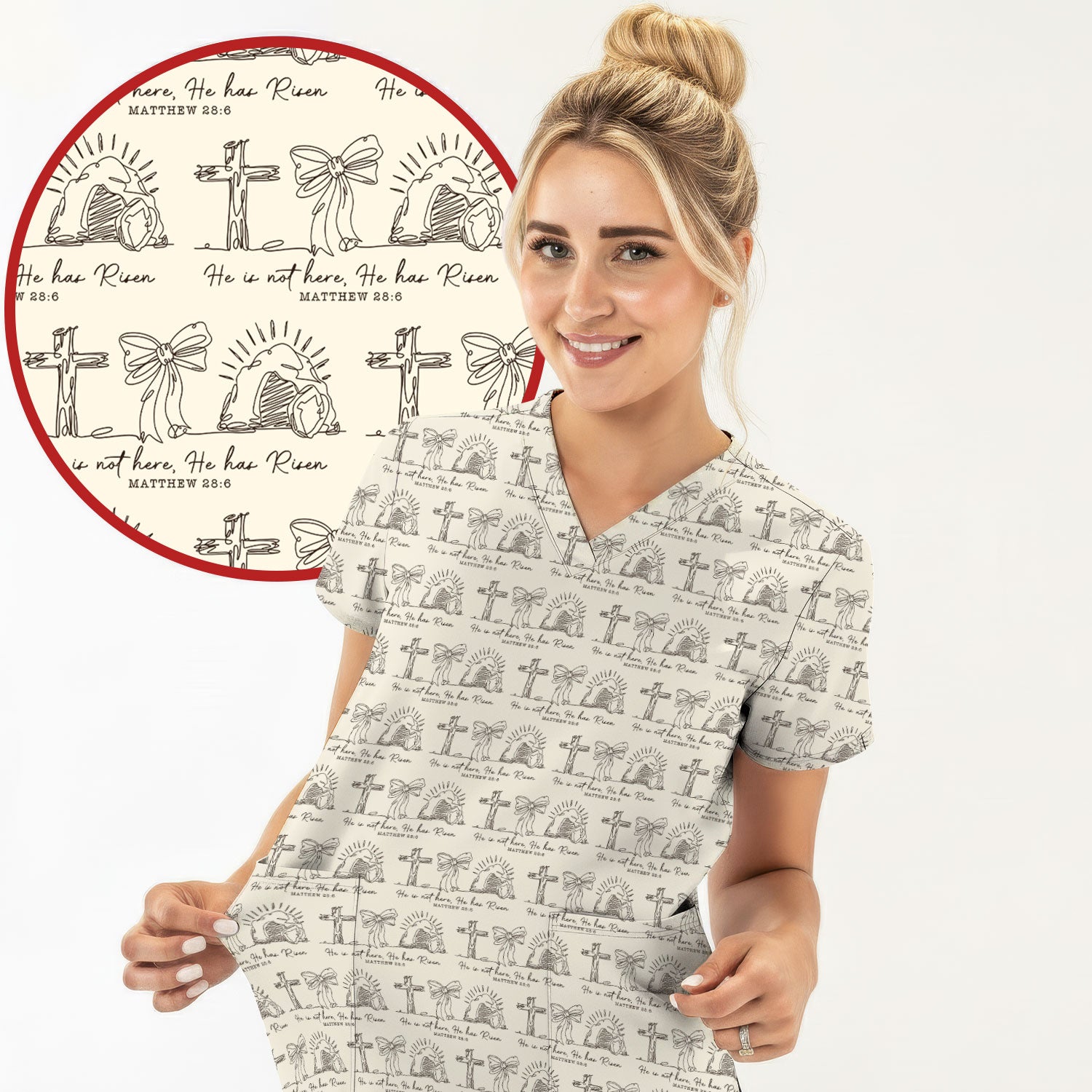 Christian Cross He Is Risen Pattern Scrubs Top, Comfortable Scrubs for Nurses