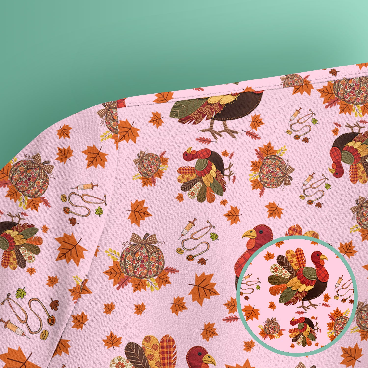 Thanksgiving Turkey Nurse Scrub Top for Women - Fall Leaves Pattern Shirts - Autumn Nursing Uniform Gift for RN LPN CNA