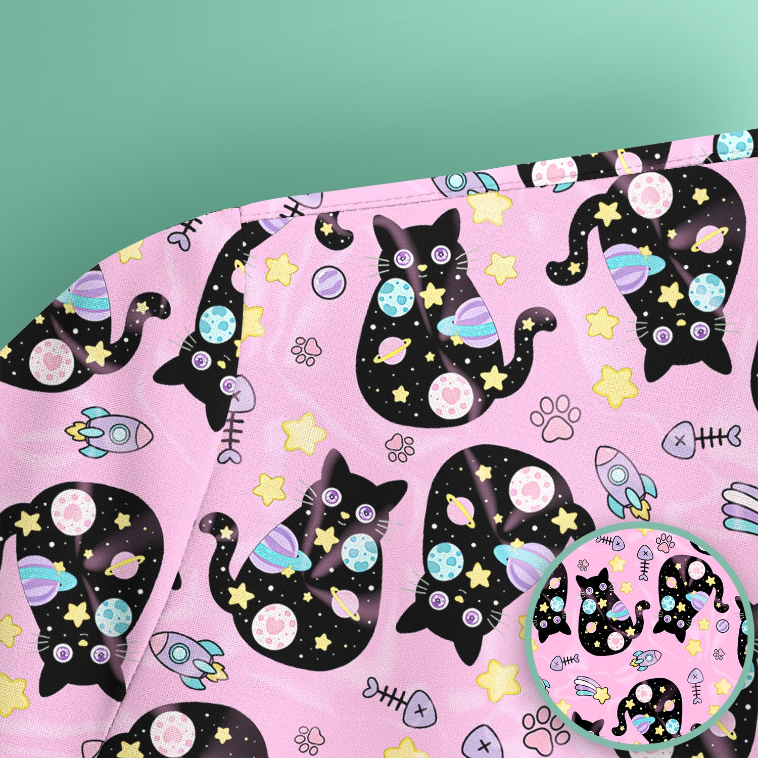 Galaxy Black Cat Space Pattern Scrub Top, Breathable Fabrics Nursing Uniform