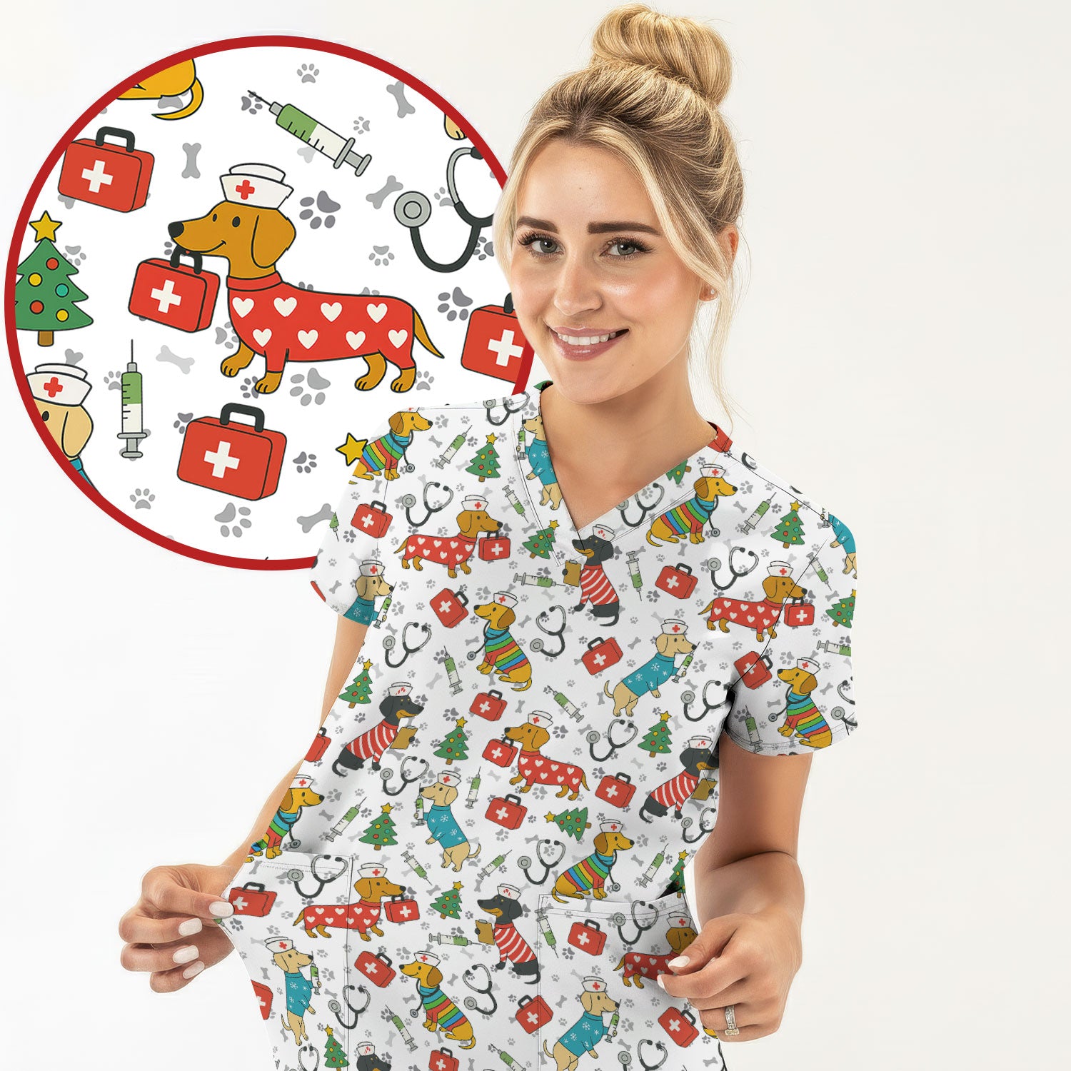 Funny Dachshund Scrub Shirt - Christmas Dog Print Scrubs Multi Color - Holiday Nurse Scrub Top Gift for Women, Men, CNA, RN, Medical Staff