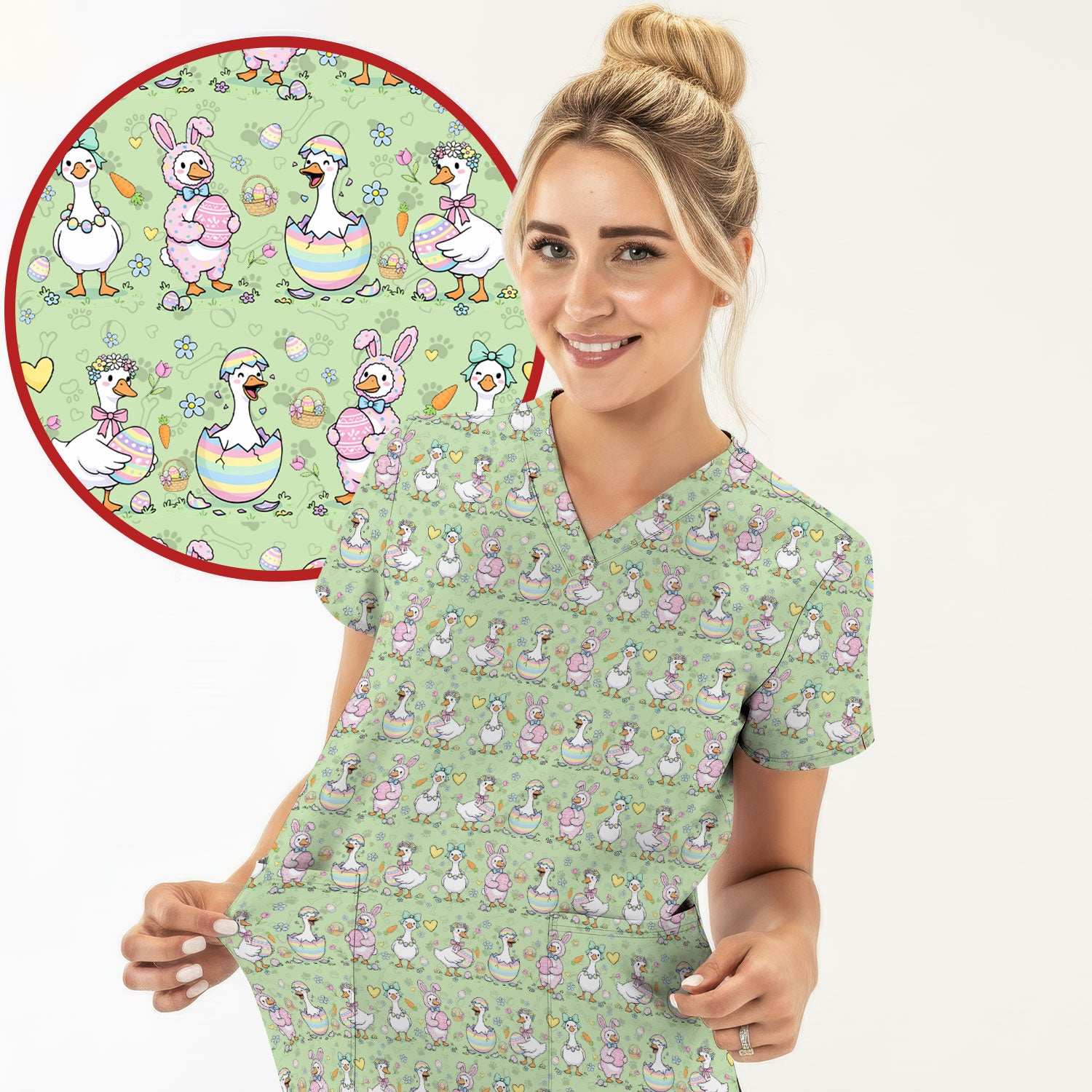 Pastel Easter Goose Bunny Egg Pattern Scrub Top, Comfortable Scrubs for Nurses