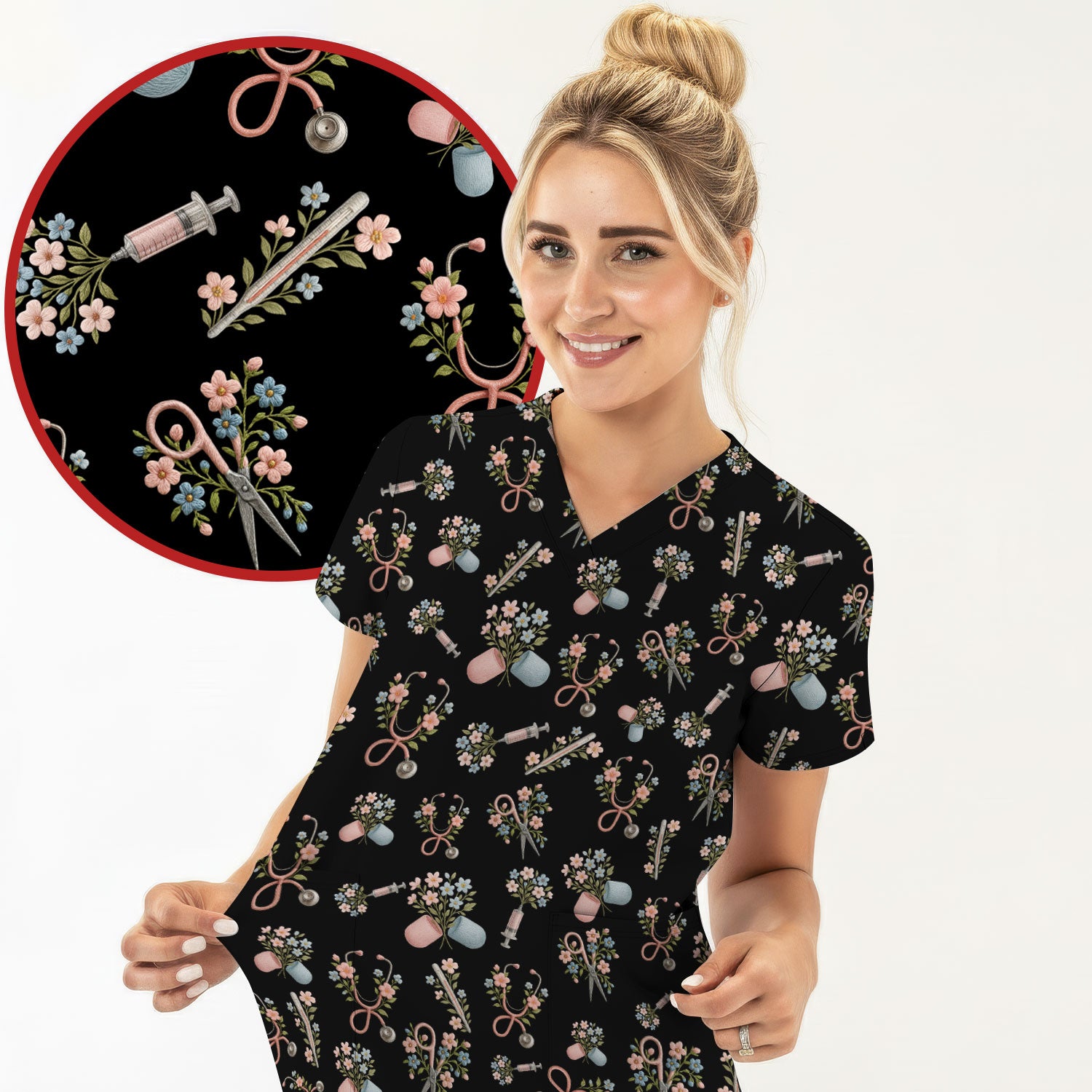 Floral Medical Scrub Top, Elegant Stethoscope With Flower Nursing Shirt, Breathable Fabrics Nurse Uniform